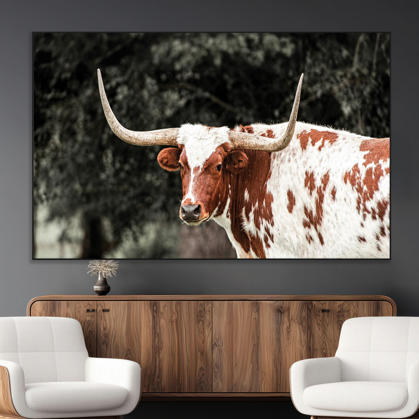 54027638-MGV-CV-36X24-Texas Longhorn Wall Art Canvas Print – Framed Spotted Bull Horned Cattle Rustic Western Decor Artwork for Home, Office