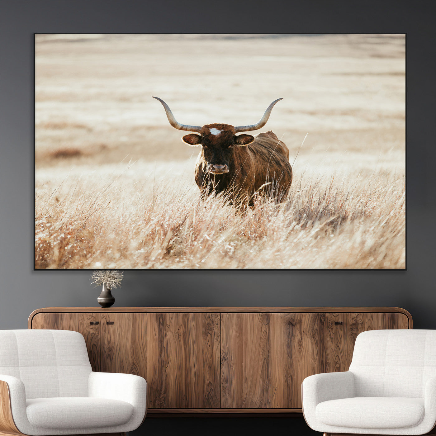 15937933-MGV-CV-36X24-Texas Longhorn Wall Art Canvas Print – Framed Brown Horned Bull Rustic Western Cattle Artwork for Home, Office