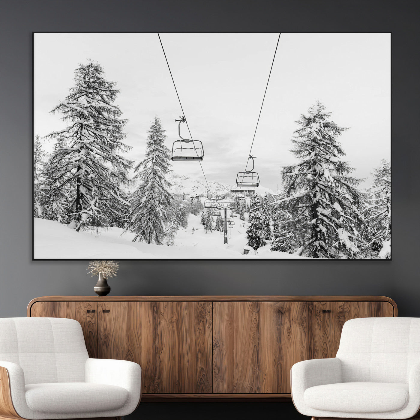 55003599-MGV-CV-36X24-Ski Lift Wall Art – Framed Snowy Mountain Canvas Artwork, Winter Forest Design, Minimal Nature Decor for Home, Office