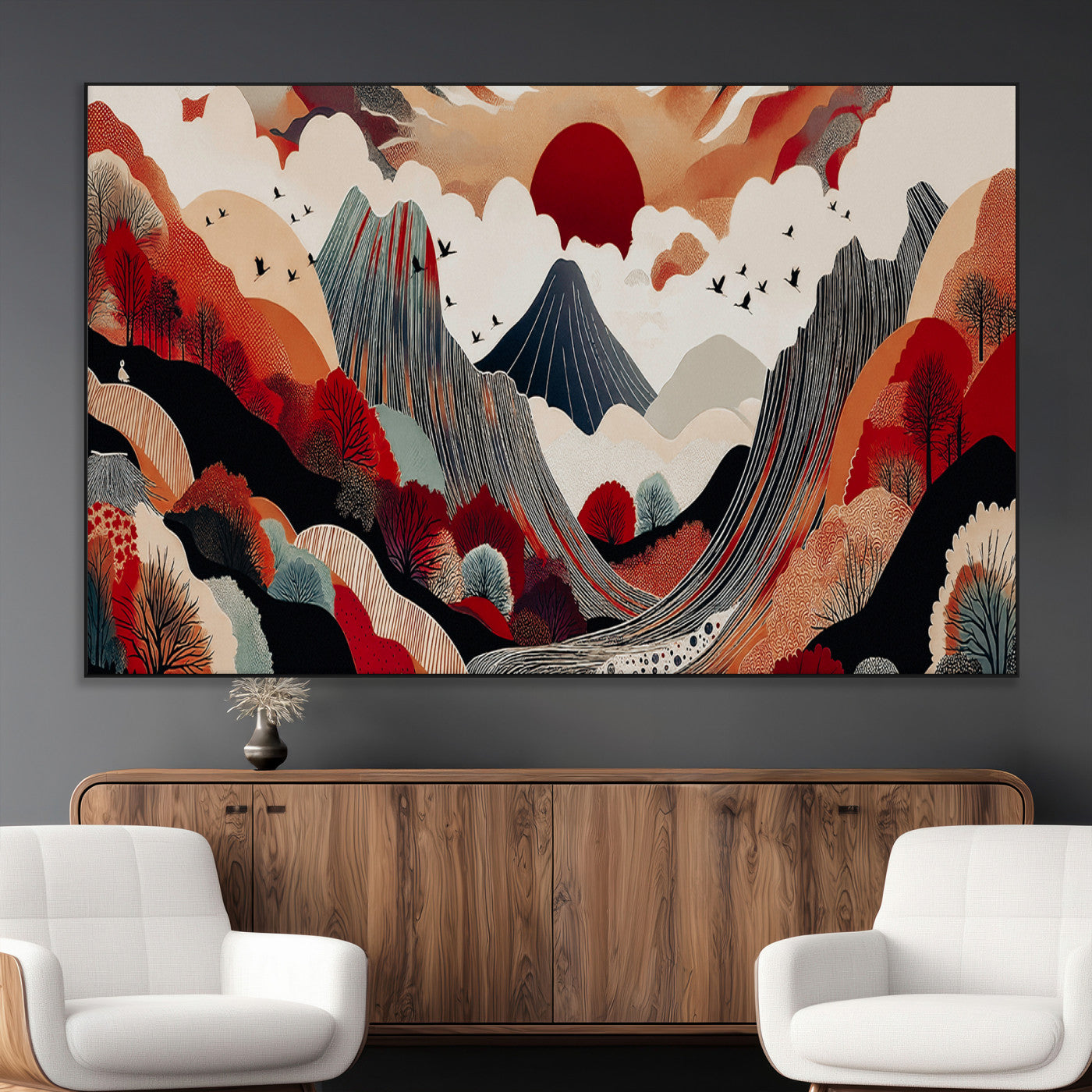 49034575-MGV-CV-36X24-Abstract Mountain Wall Art Canvas Print – Vibrant Stylized Landscape Colorful Peaks Nature Artwork for Home Office