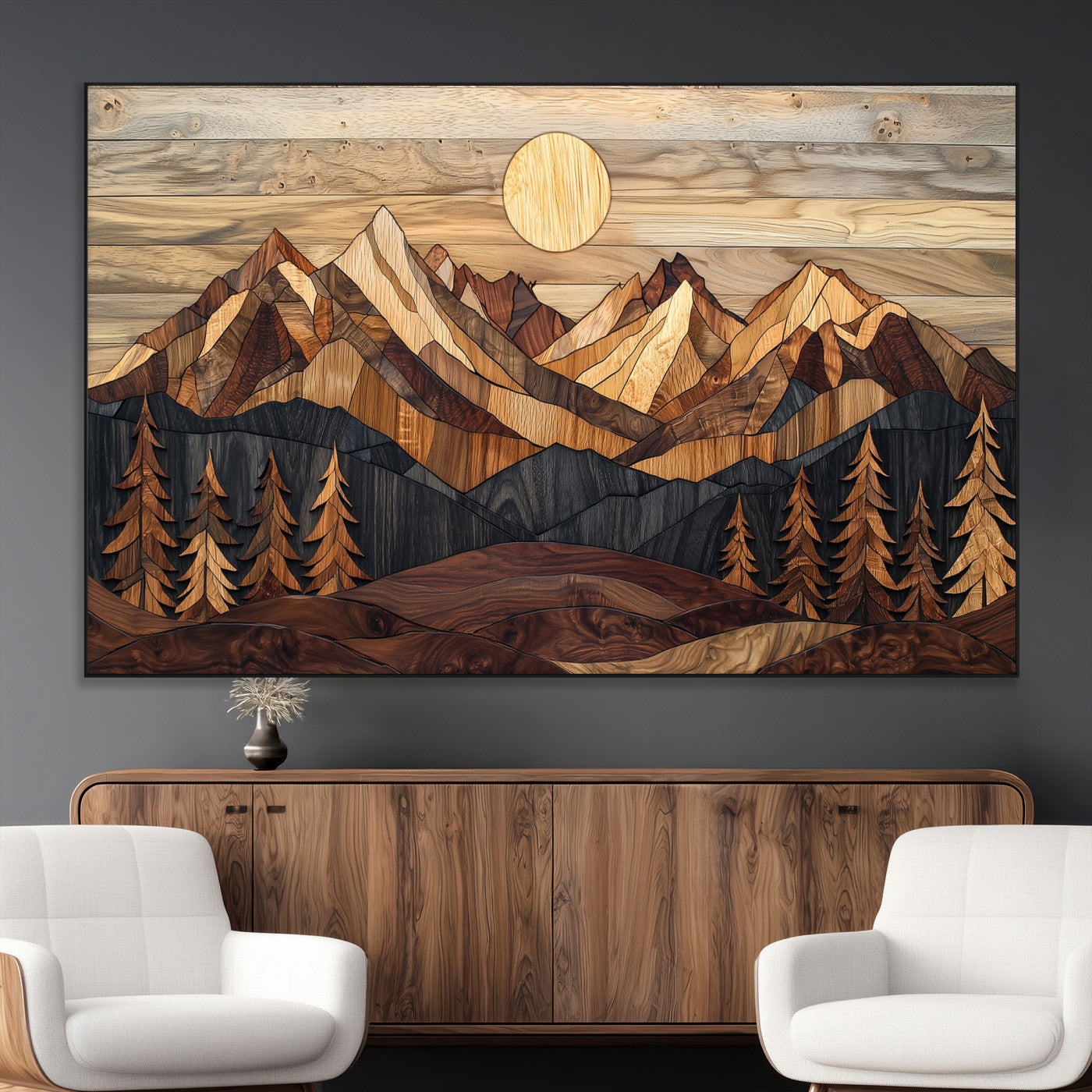 39116082-MGV-CV-36X24-Wood Mountain Landscape Wall Art Canvas Print – Framed Sunset Hills Nature Artwork, Abstract Boho Decor for Home, Office