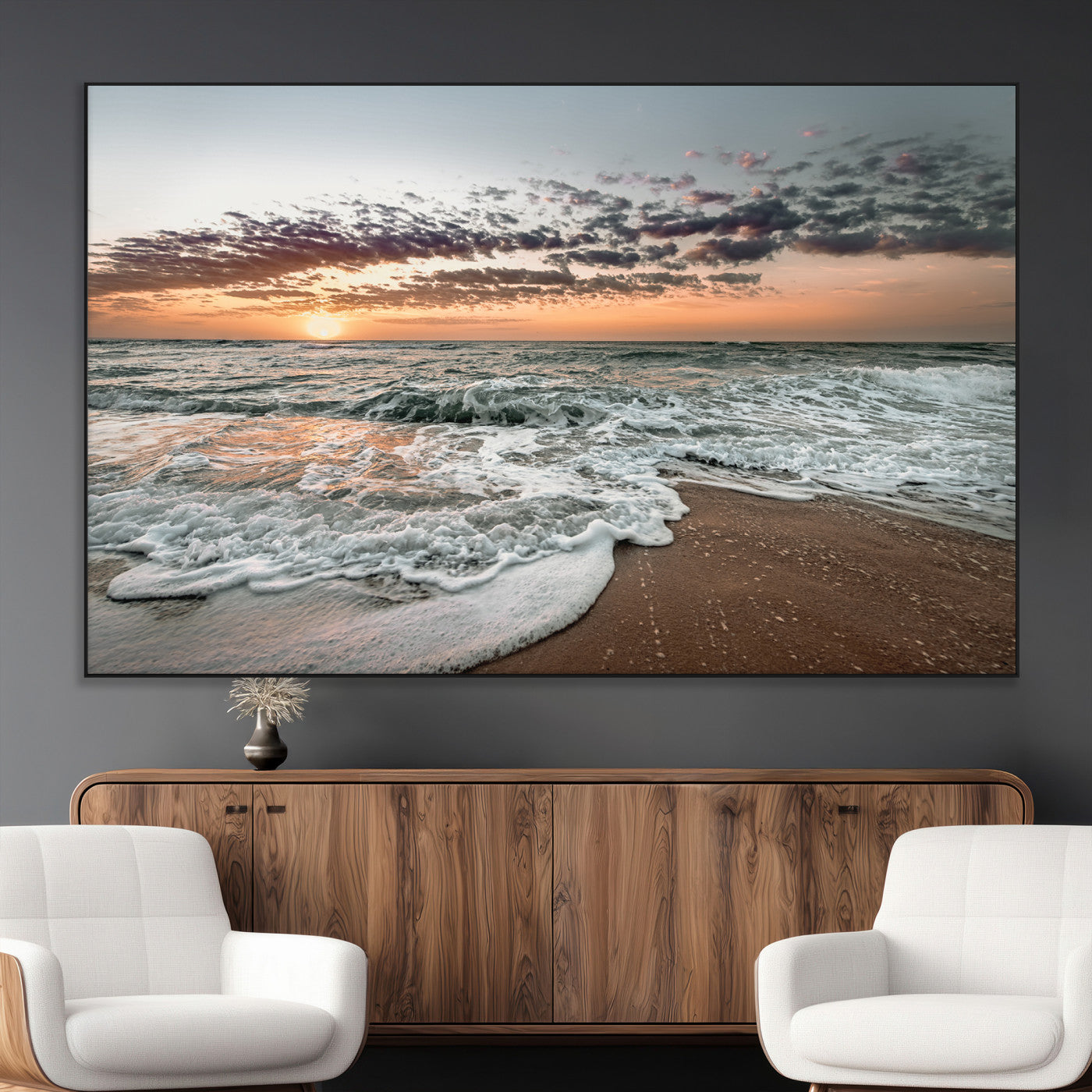40632752-MGV-CV-36X24-Ocean Sunset Wall Art Canvas Print – Framed Beach Waves Scene with Coastal Artwork for Home, Office, Living Room