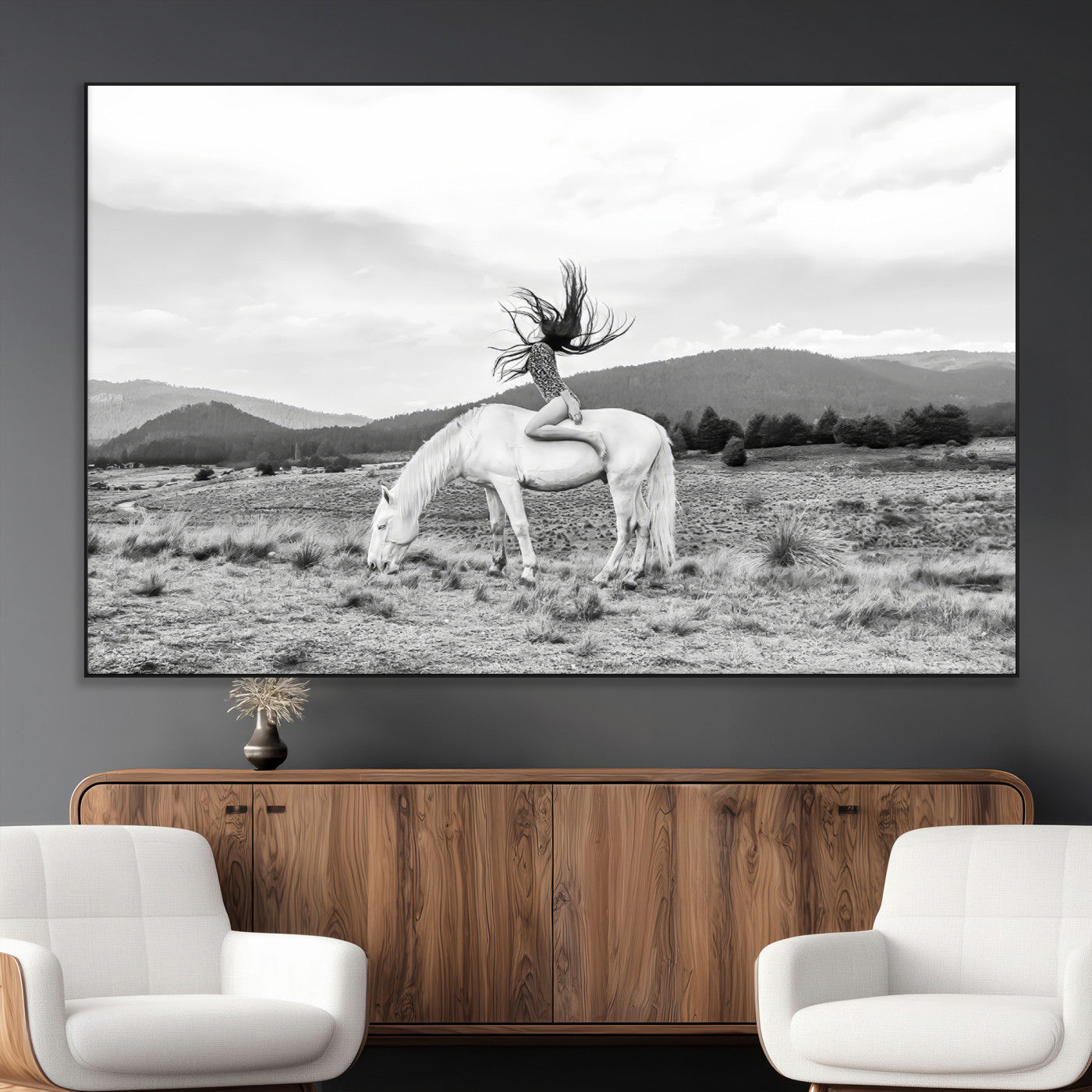 62789800-MGV-CV-36X24-White Horse Wall Art Canvas Print – Framed Woman Rider Equestrian Pose Western Boho Elegant Artwork for Home Office