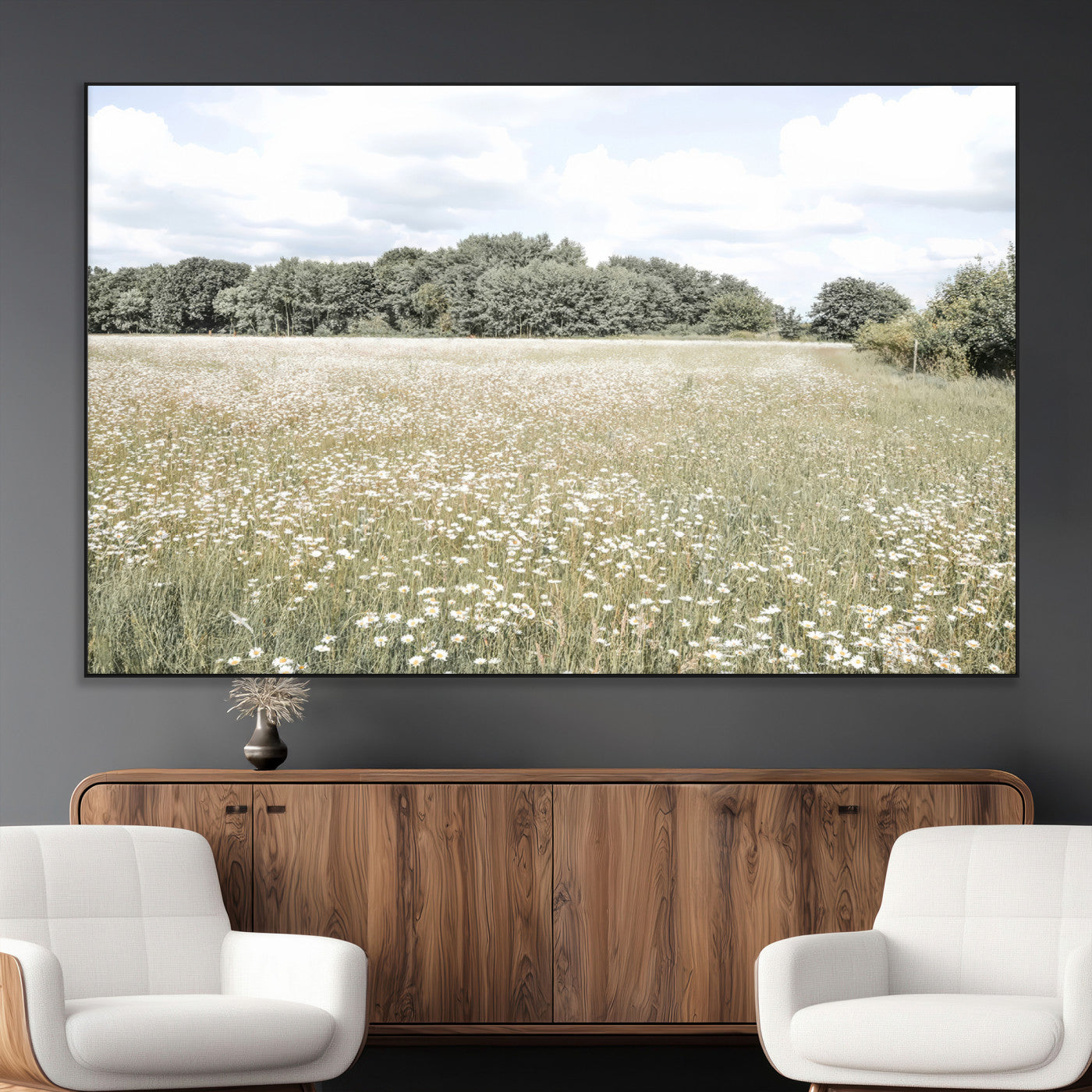 43258946-MGV-CV-36X24-Charming Daisy Field Wall Art Canvas Print – Framed Pastel Flower Meadow Bloom Scandinavian Minimal Artwork for Home Office