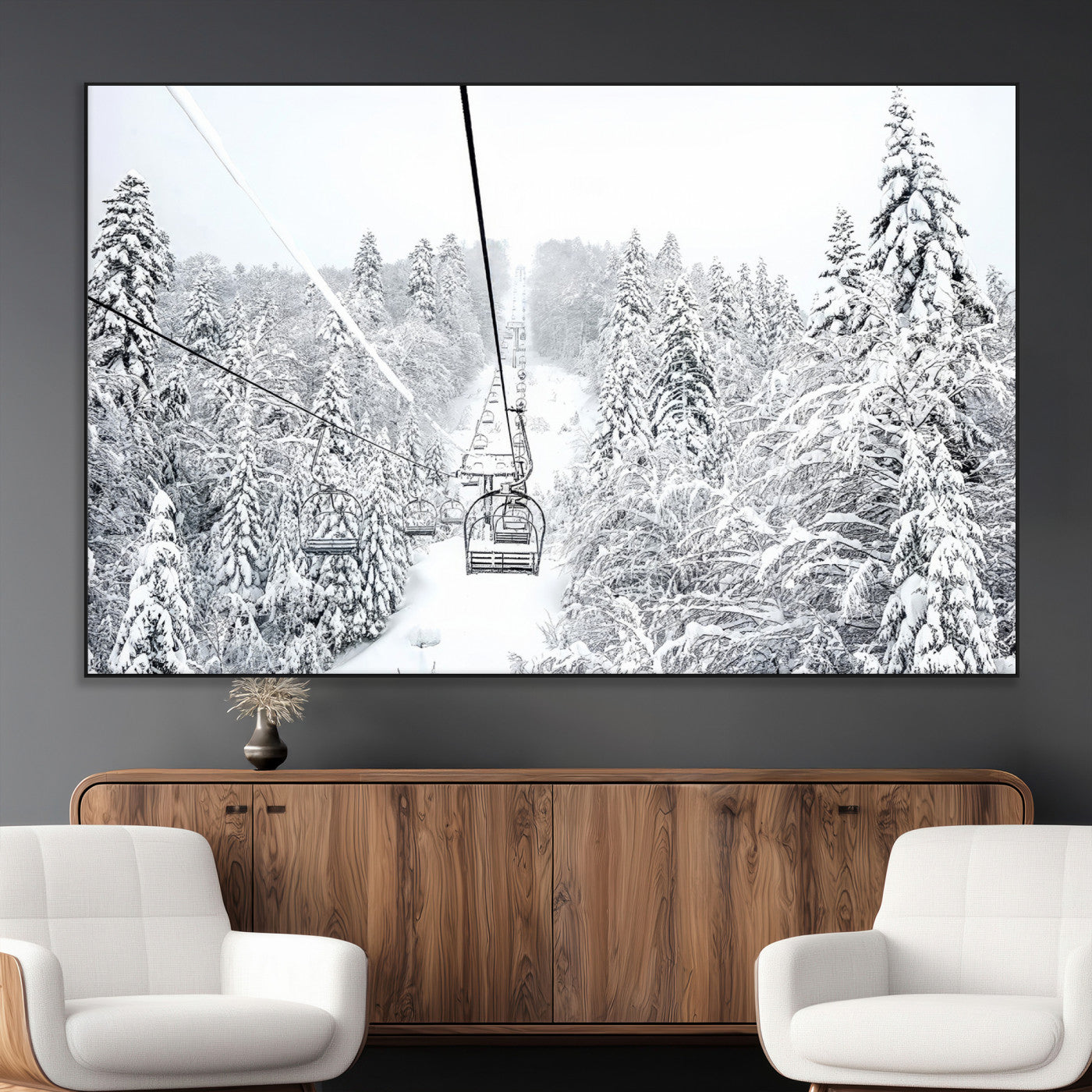 44705668-MGV-CV-36X24-Snowy Ski Lift Wall Art – Framed Winter Mountain Canvas Artwork, Serene Forest Design, Modern Nature Decor for Home, Office