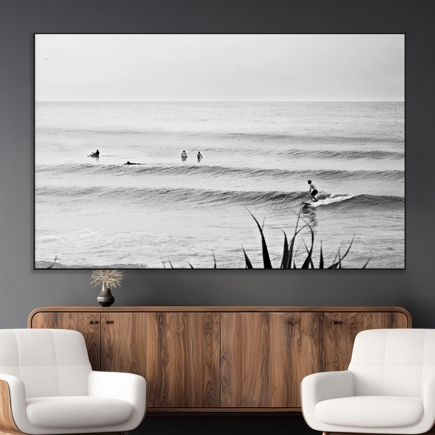 33821421-MGV-CV-36X24-Surfer Silhouette Wall Art – Framed Calm Ocean Canvas Artwork, Monochrome Minimal Design, Modern Coastal Decor for Home, Office