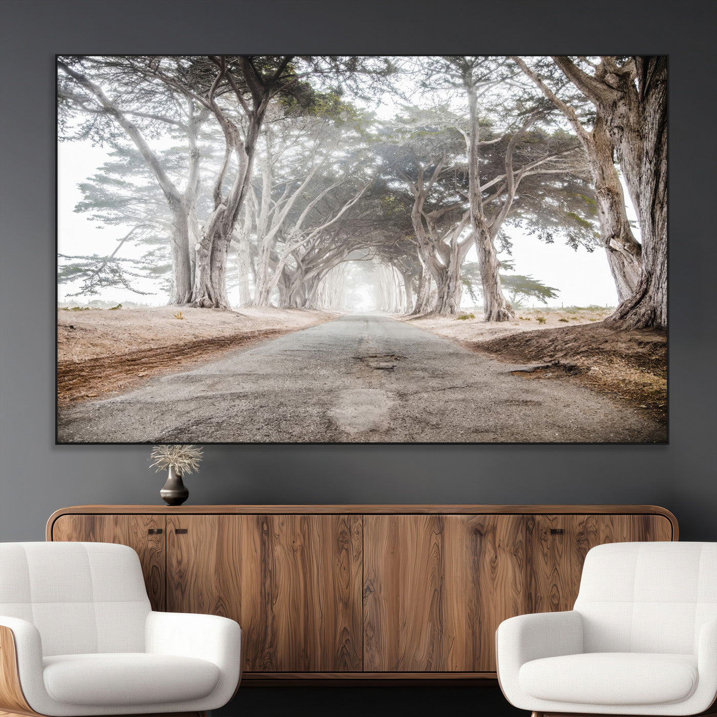 87090469-MGV-CV-36X24-Cypress Tunnel Wall Art – Framed Misty Road Canvas Artwork, Foggy Trees Design, Rustic Woodland Nature Decor for Home, Office