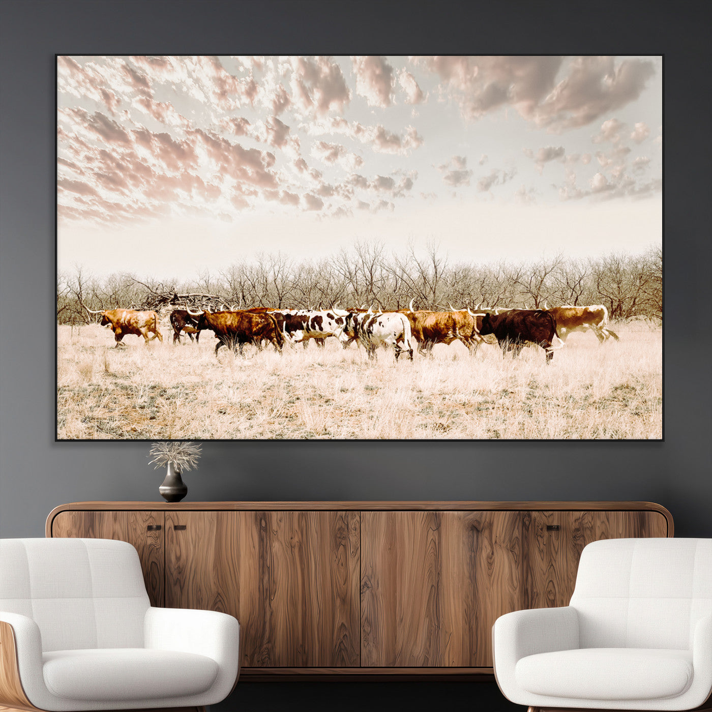 64892775-MGV-CV-36X24-Longhorn Cattle Wall Art Canvas Print – Framed Texas Ranch Scene with Western Cow Artwork for Home, Office
