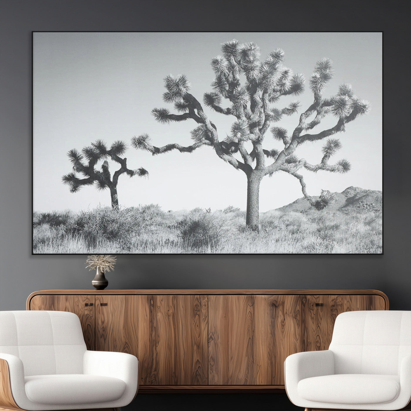 29996209-MGV-CV-36X24-Joshua Tree Wall Art Canvas Print – Framed Black White Desert Landscape Southwestern Nature Artwork for Home Office