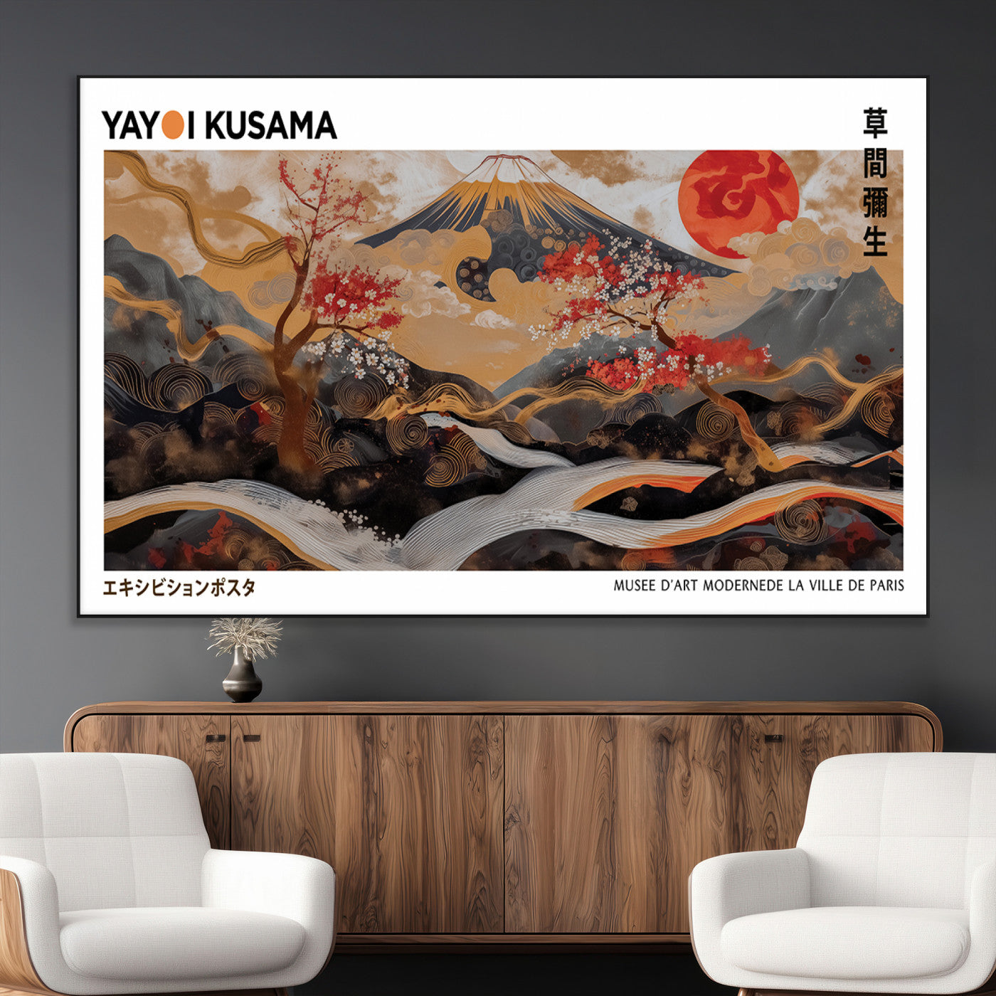 40959107-MGV-CV-36X24-Modern Japanese Wall Art Canvas Print – Framed Abstract Mount Fuji Scene Inspired Yayoi Kusama for Home, Office