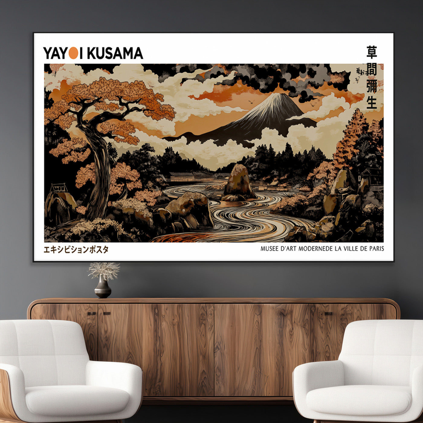 96372548-MGV-CV-36X24-Modern Japanese Wall Art Canvas Print – Framed Abstract Mount Fuji Scene with Yayoi Kusama Style Artwork for Home, Office
