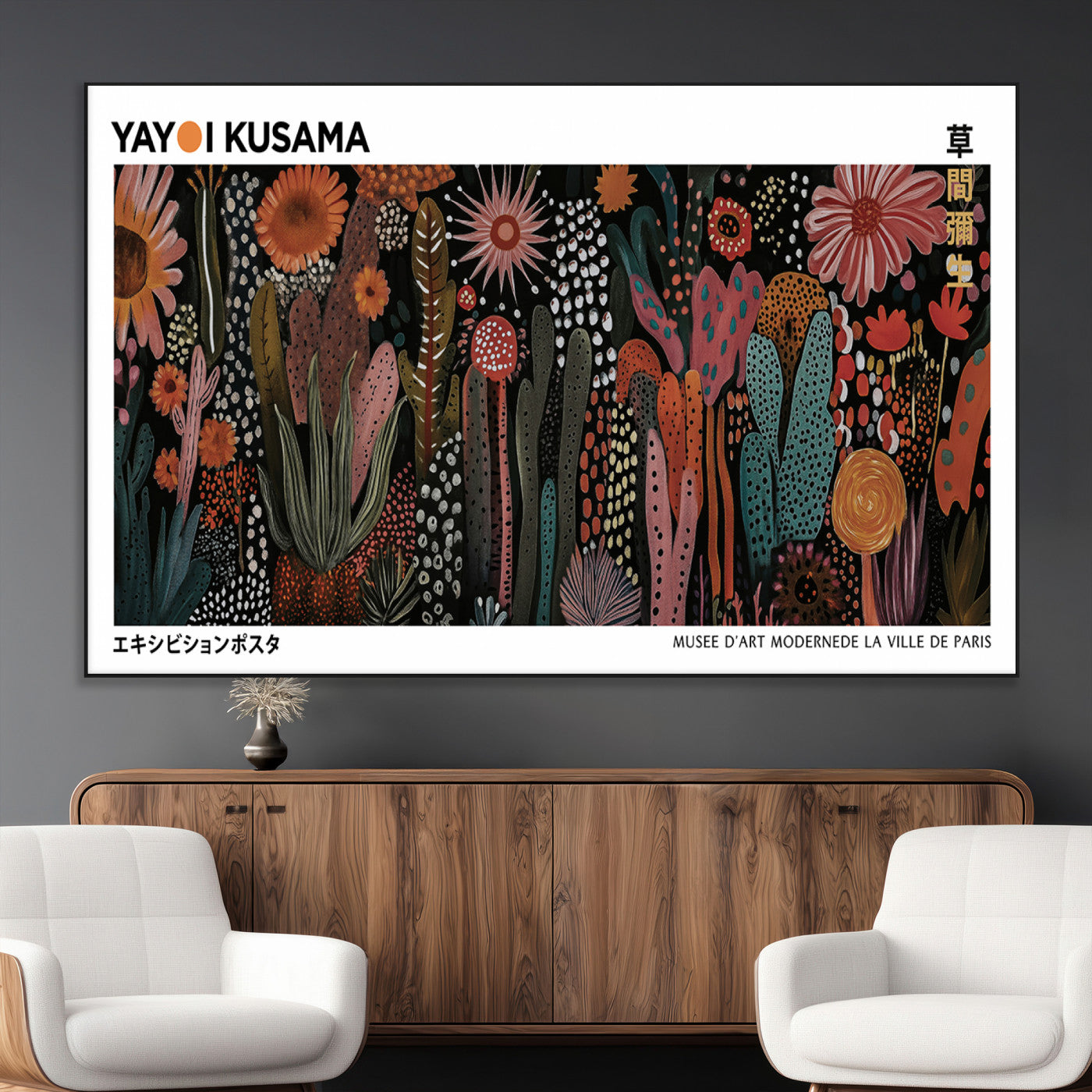 70632622-MGV-CV-36X24-Modern Japanese Wall Art Canvas Print – Framed Abstract Mount Fuji Scene with Yayoi Kusama Artwork for Home, Office