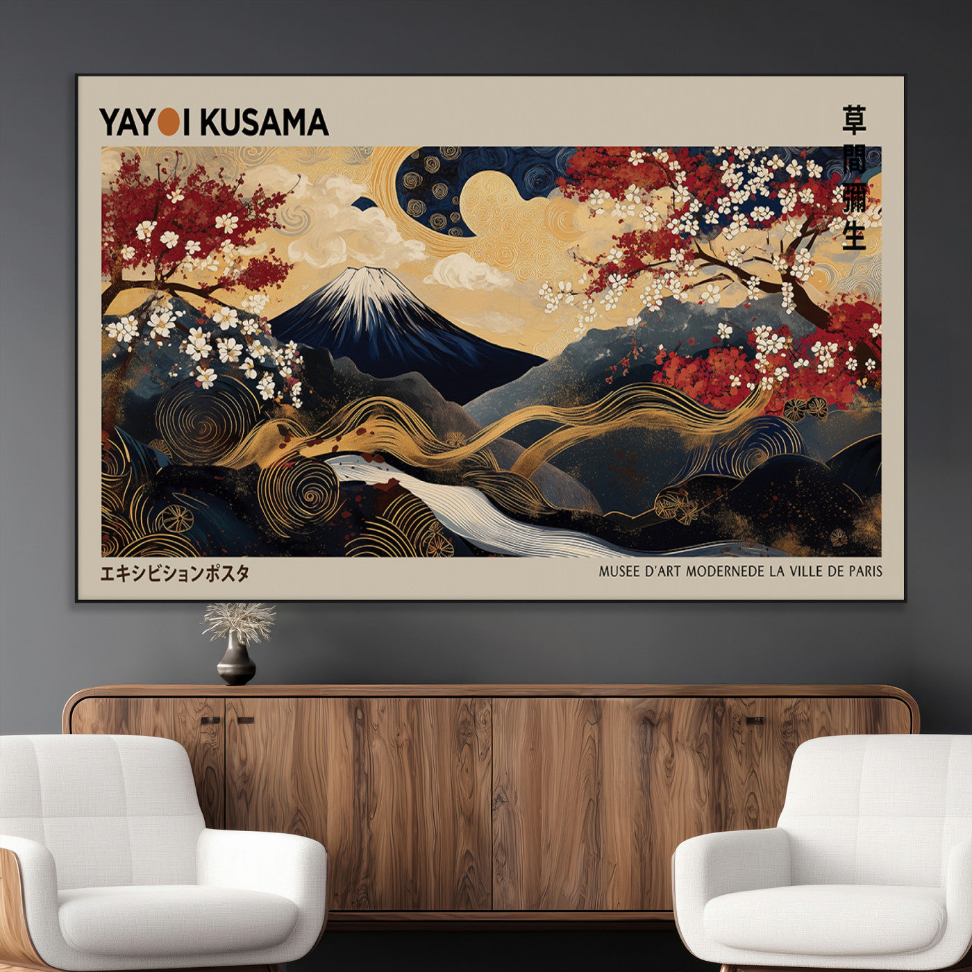 54967195-MGV-CV-36X24-Modern Japanese Wall Art Canvas Print – Framed Abstract Mount Fuji Scene with Yayoi Kusama Japanese Artwork for Home, Office
