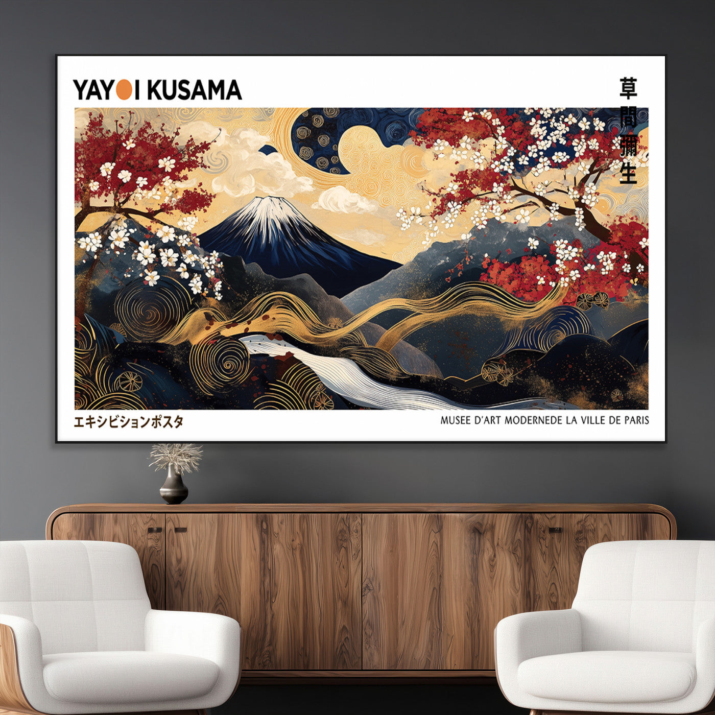 66243961-MGV-CV-36X24-Modern Mount Fuji Wall Art Canvas Print – Framed Abstract Mount Fuji Scene with Yayoi Kusama Artwork for Home, Office