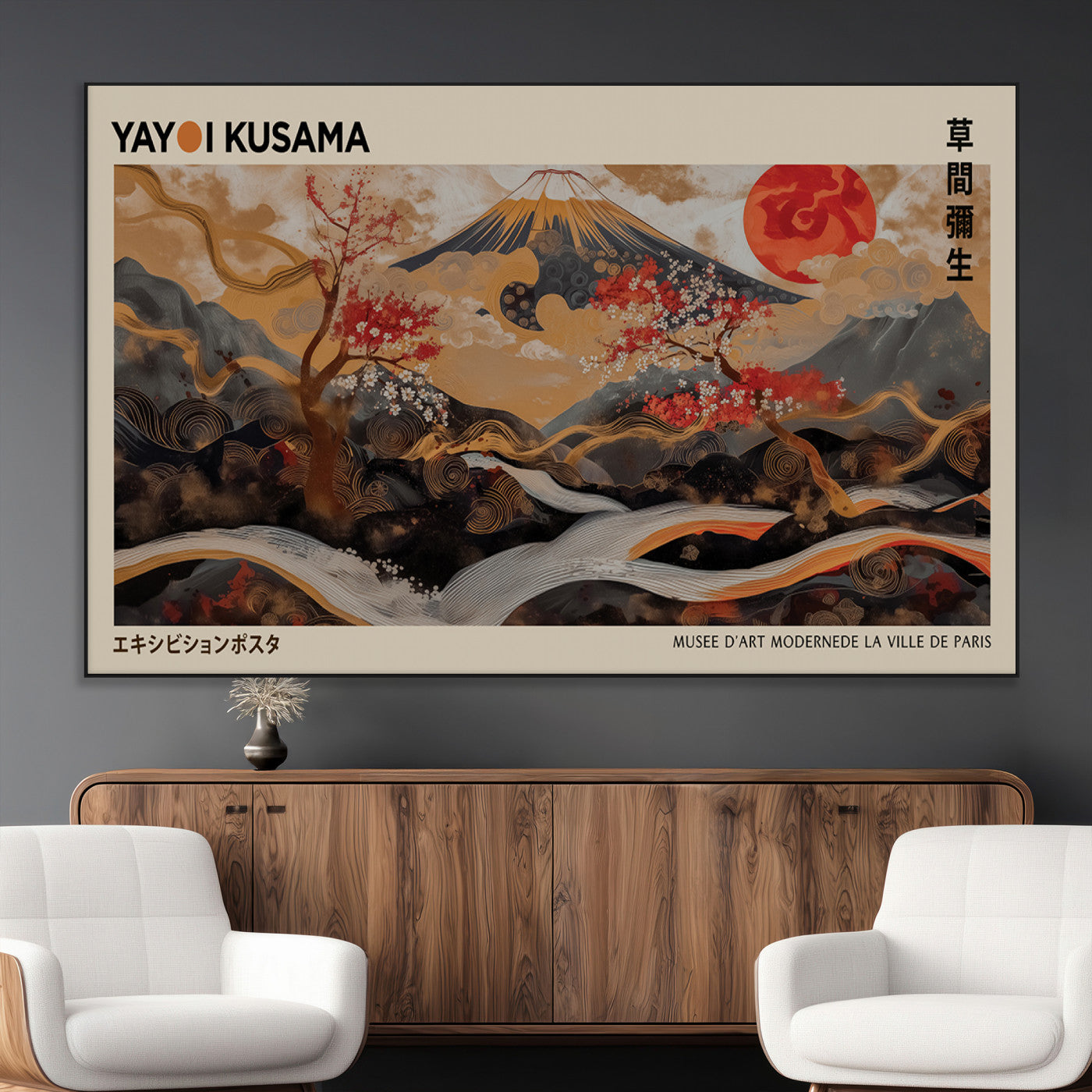 77970791-MGV-CV-36X24-Modern Japanese Wall Art Canvas Print – Framed Abstract Mount Fuji Scene with Yayoi Kusama Artwork for Home, Office