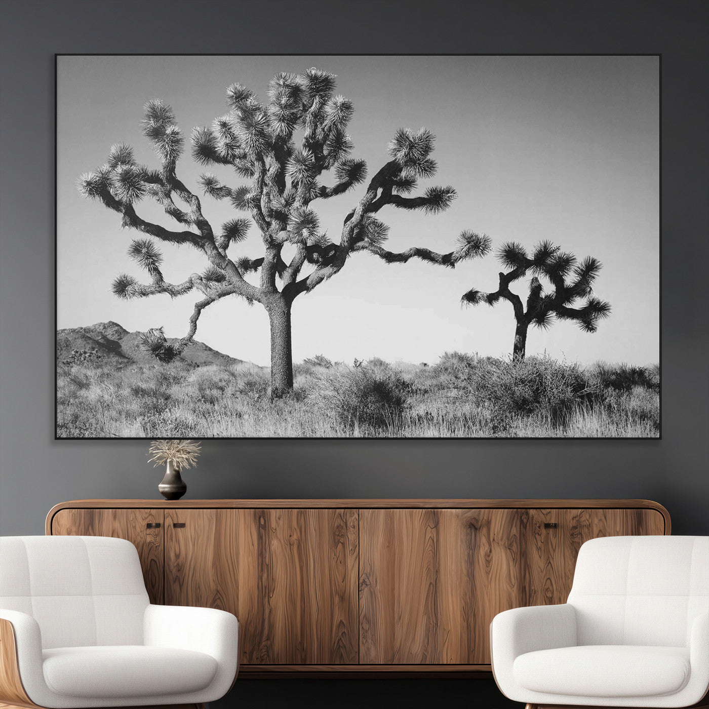 93692513-MGV-CV-36X24-Joshua Tree Wall Art Canvas Print – Framed Monochrome Desert Minimalist Nature Scene Southwestern Artwork for Home Office
