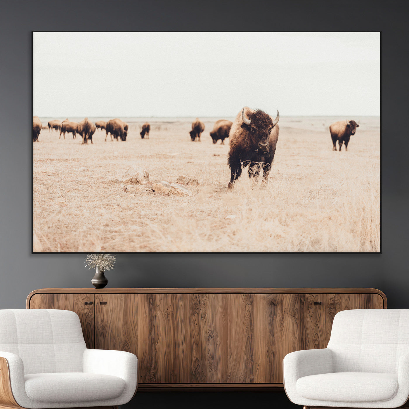 61367865-MGV-CV-36X24-Bison Herd Wall Art Canvas Print – Framed Western Prairie Serenity Ranch Nature Scene Artwork for Home Office