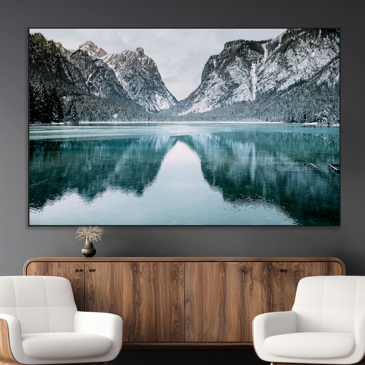 73098373-MGV-CV-36X24-Mountain Lake Wall Art Canvas Print – Framed Snowy Peaks Wonderland Nature Scene Artwork for Home Office