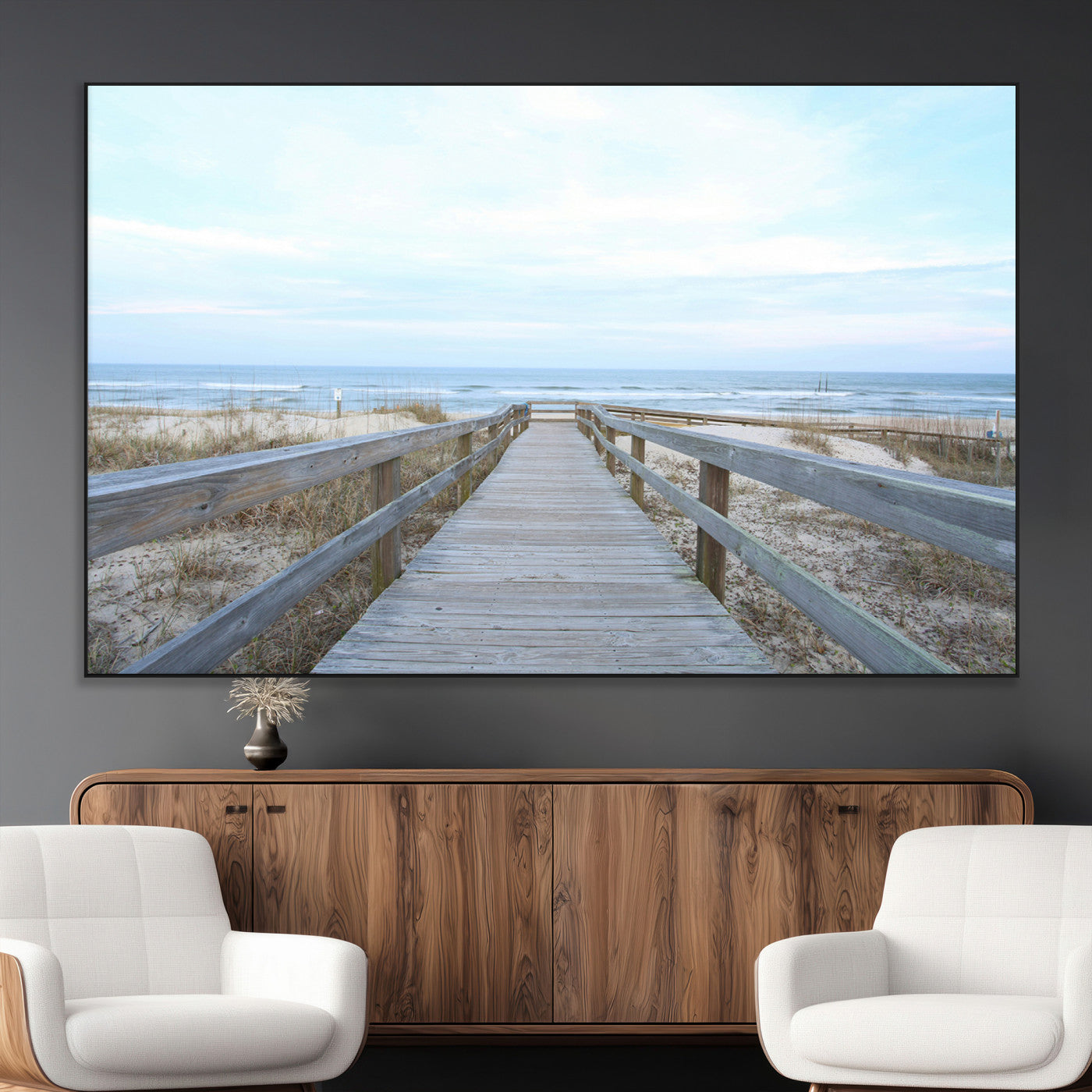 31602988-MGV-CV-36X24-Beach Boardwalk Wall Art Canvas Print – Framed Coastal Serenity Ocean View Nature Scene Artwork for Home Office