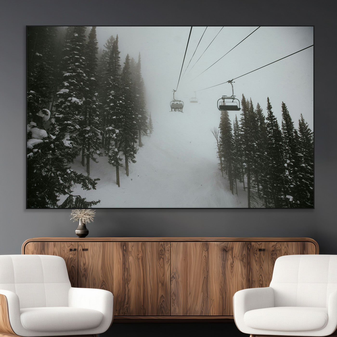87018452-MGV-CV-36X24-Ski Lift Wall Art Canvas Print – Snowy Pines Misty Landscape Winter Serenity Artwork for Home, Office Decor