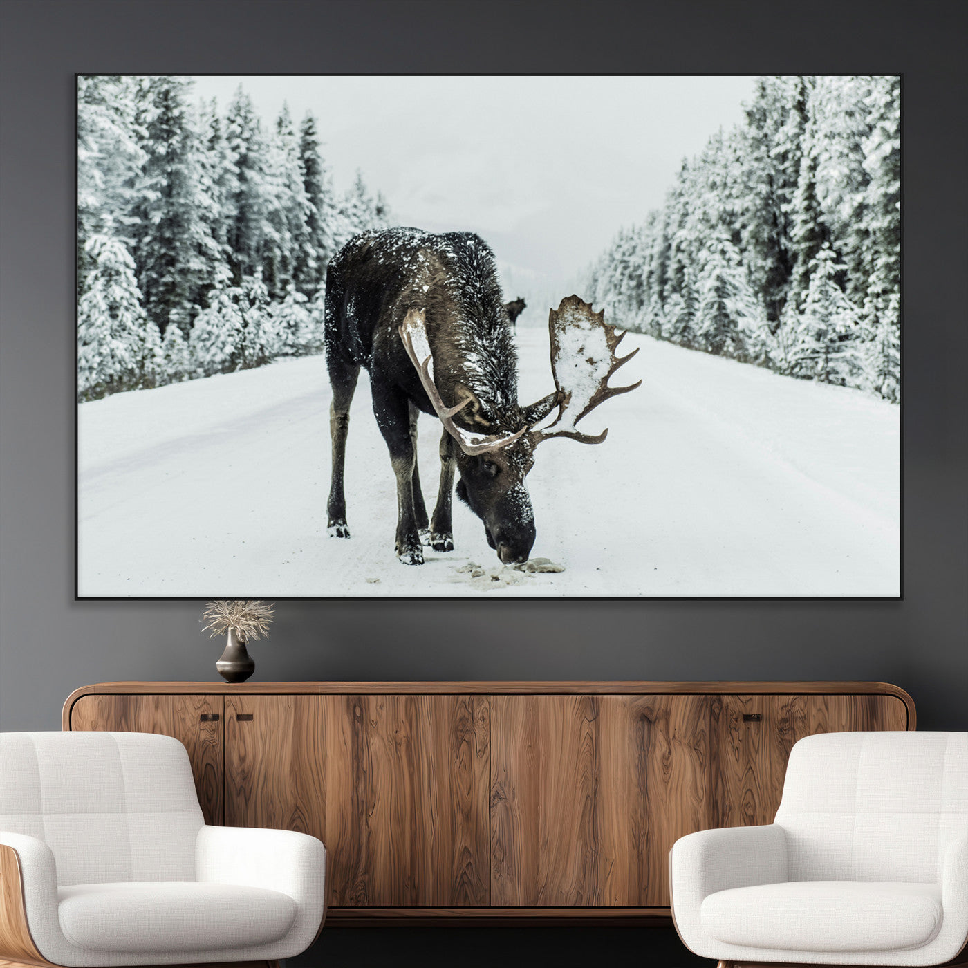 -Moose Snow Wall Art Canvas Print – Framed Winter Wildlife Snowy Forest Nature Scene Artwork for Home, Office, Living Room