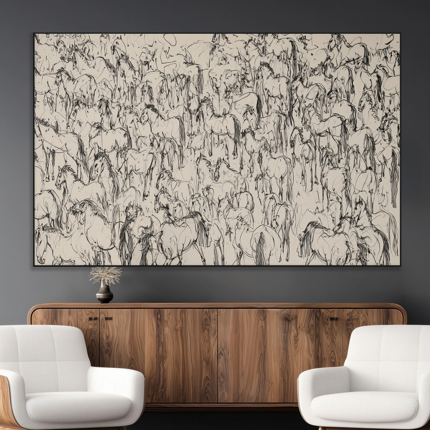 12358908-MGV-CV-36X24-Wild Horse Stampede Wall Art Canvas Print – Monochrome Running Horses Dynamic Motion Elegant Artwork for Home, Office