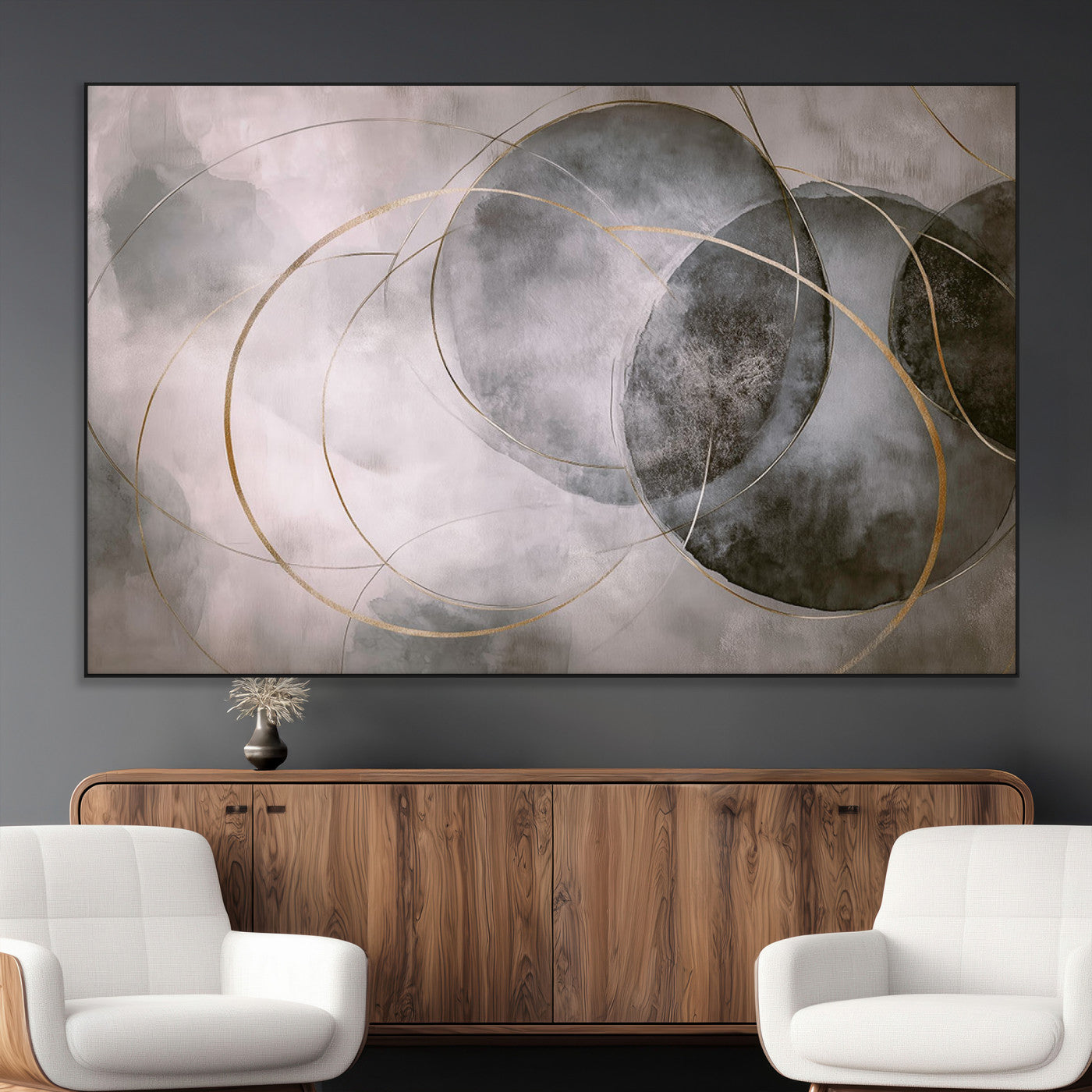 20066876-MGV-CV-36X24-Abstract Grey Gold Circle Wall Art – Modern Geometric Canvas Artwork, Minimal Elegant Design, Luxury Wall Decor for Home, Office