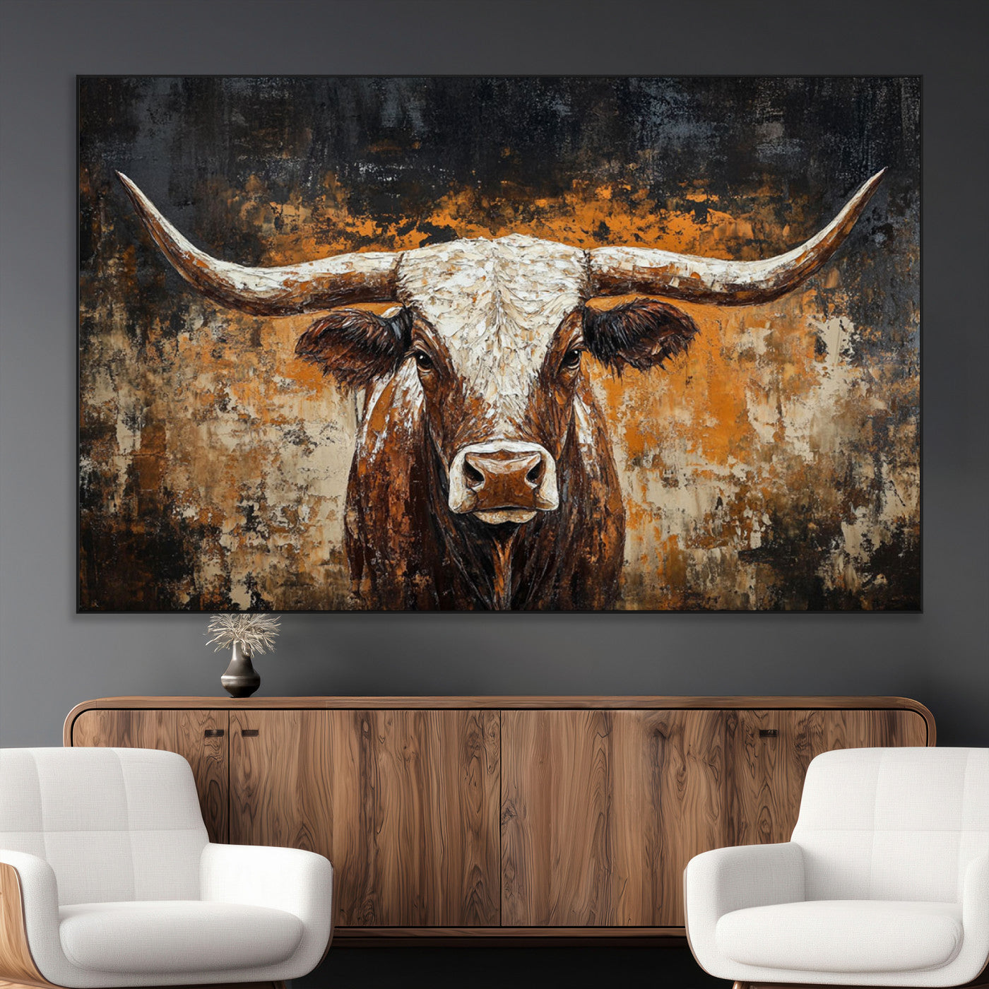 25265572-MGV-CV-36X24-Rustic Longhorn Bull Wall Art Canvas Print – Vintage Western Cattle Scene, Texas Steer Artwork for Home, Office