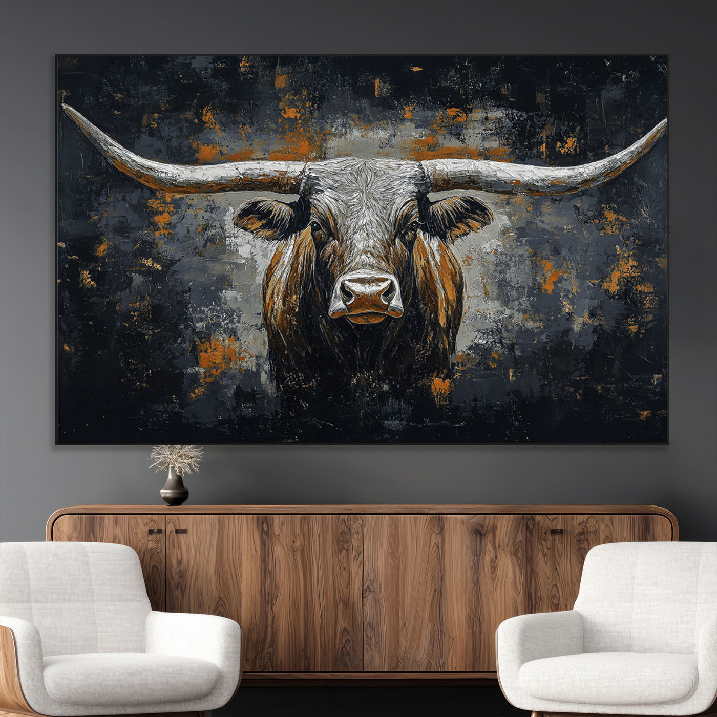 93195031-MGV-CV-36X24-Rustic Longhorn Bull Wall Art Canvas Print – Vintage Western Cattle Scene, Texas Steer Artwork for Home, Office
