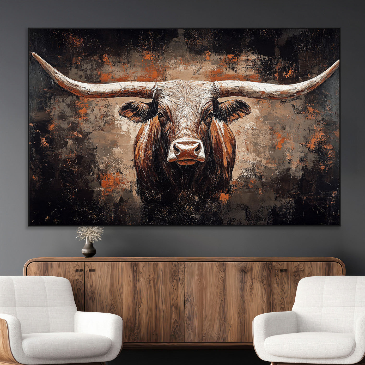 24779067-MGV-CV-36X24-Rustic Longhorn Bull Wall Art Canvas Print – Vintage Western Cattle Scene, Texas Steer Artwork for Home, Office