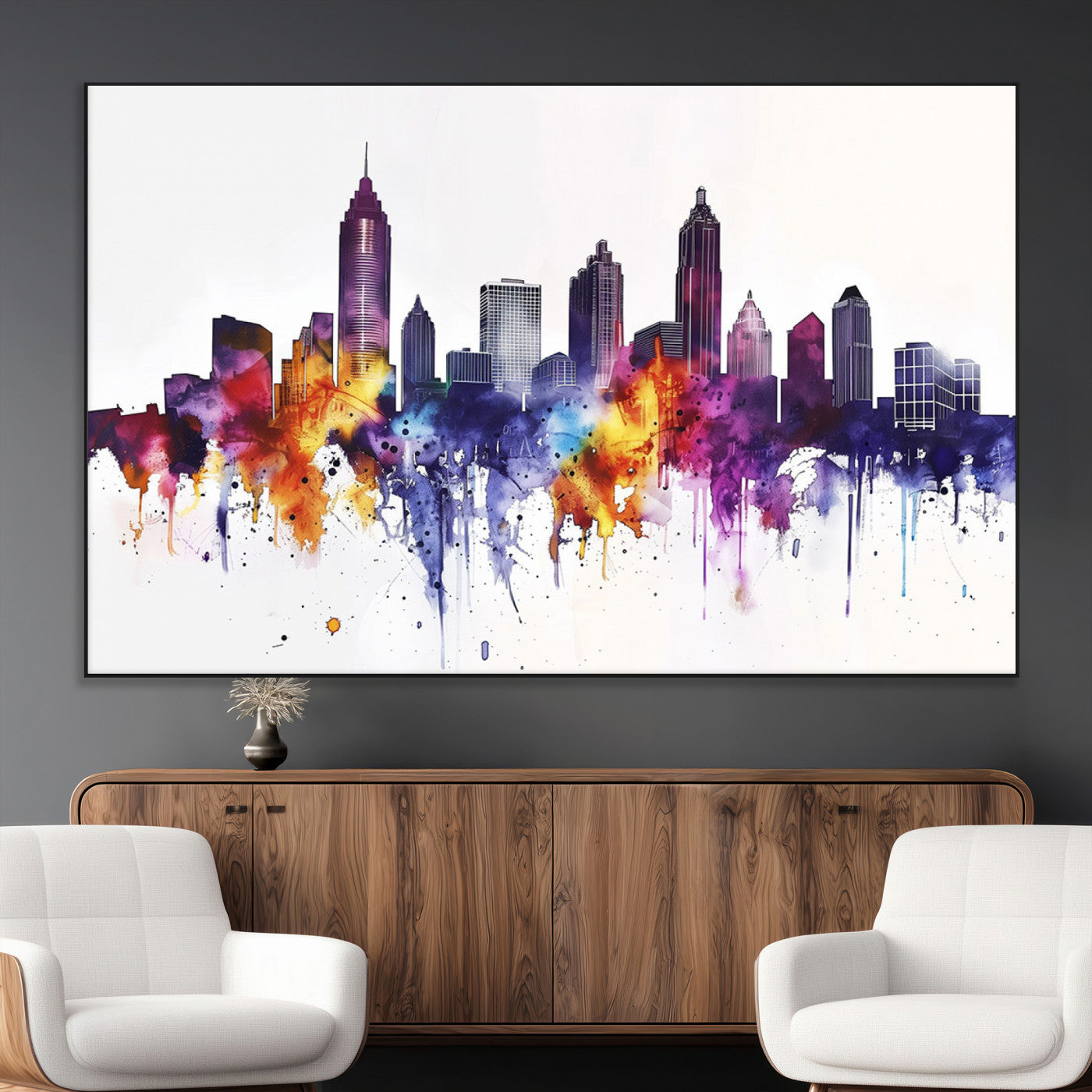 34479880-MGV-CV-36X24-Atlanta Skyline Wall Art Canvas Print – Framed Colorful Watercolor Cityscape Artwork for Home, Office, Living Room