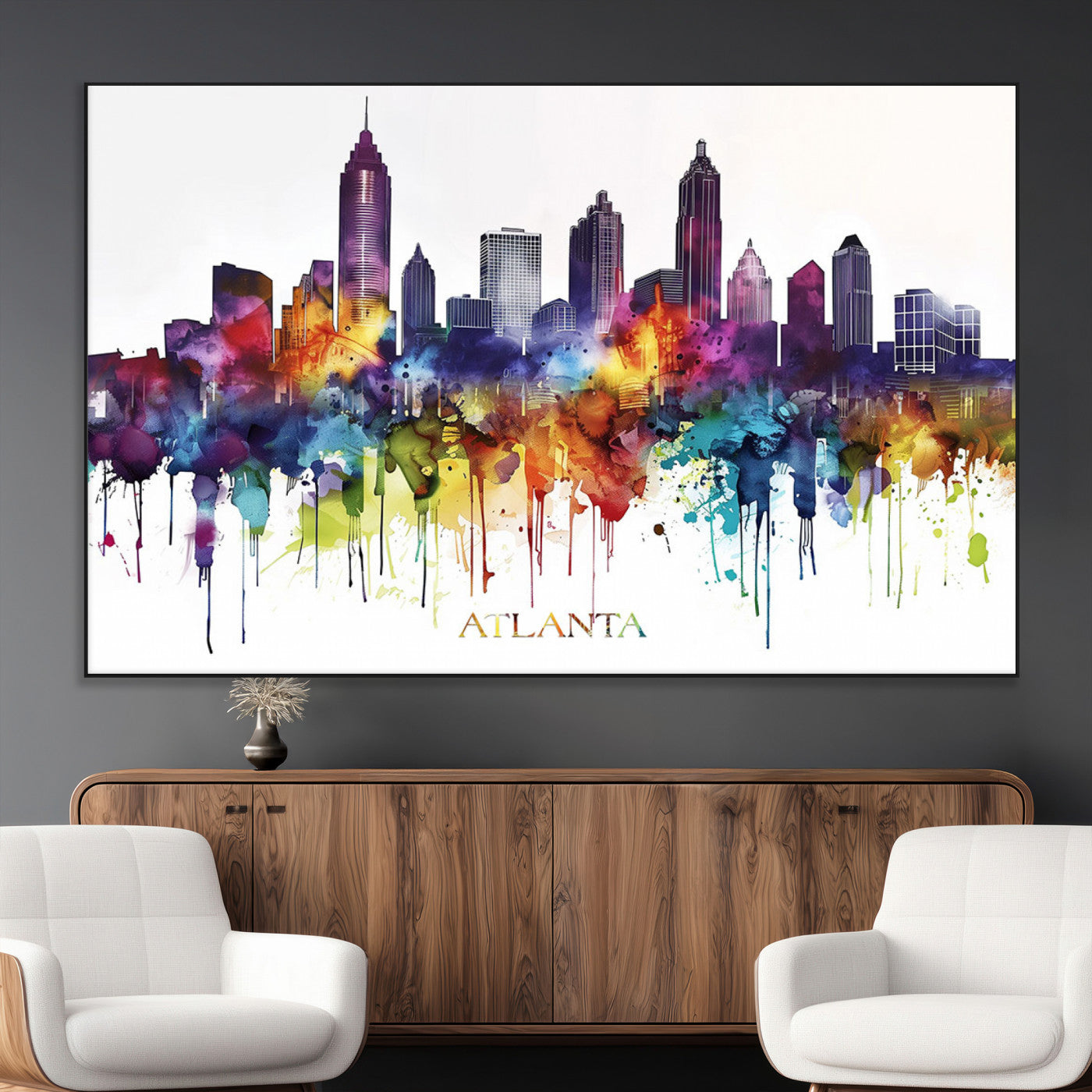 36048320-MGV-CV-36X24-Atlanta Skyline Wall Art Canvas Print – Framed Colorful Watercolor Cityscape Abstract Urban Artwork for Home, Office
