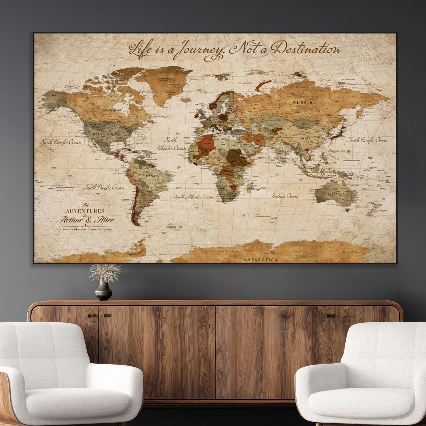 79036691-MGV-CV-36X24-Personalized World Map Canvas Wall Art – Custom Framed Push Pin Travel Tracker Print, Unique Gift for Home or Office Decor