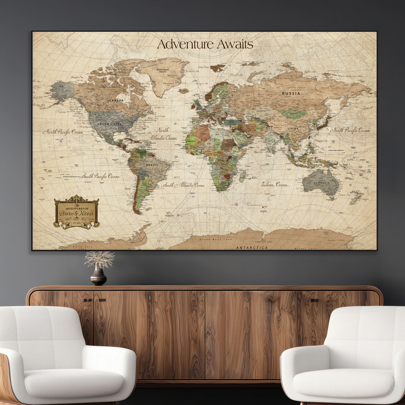 33020399-MGV-CV-36X24-Personalized World Map Canvas Print – Custom Push Pin Travel Tracker Map Anniversary Gift for Couples for Home, Office