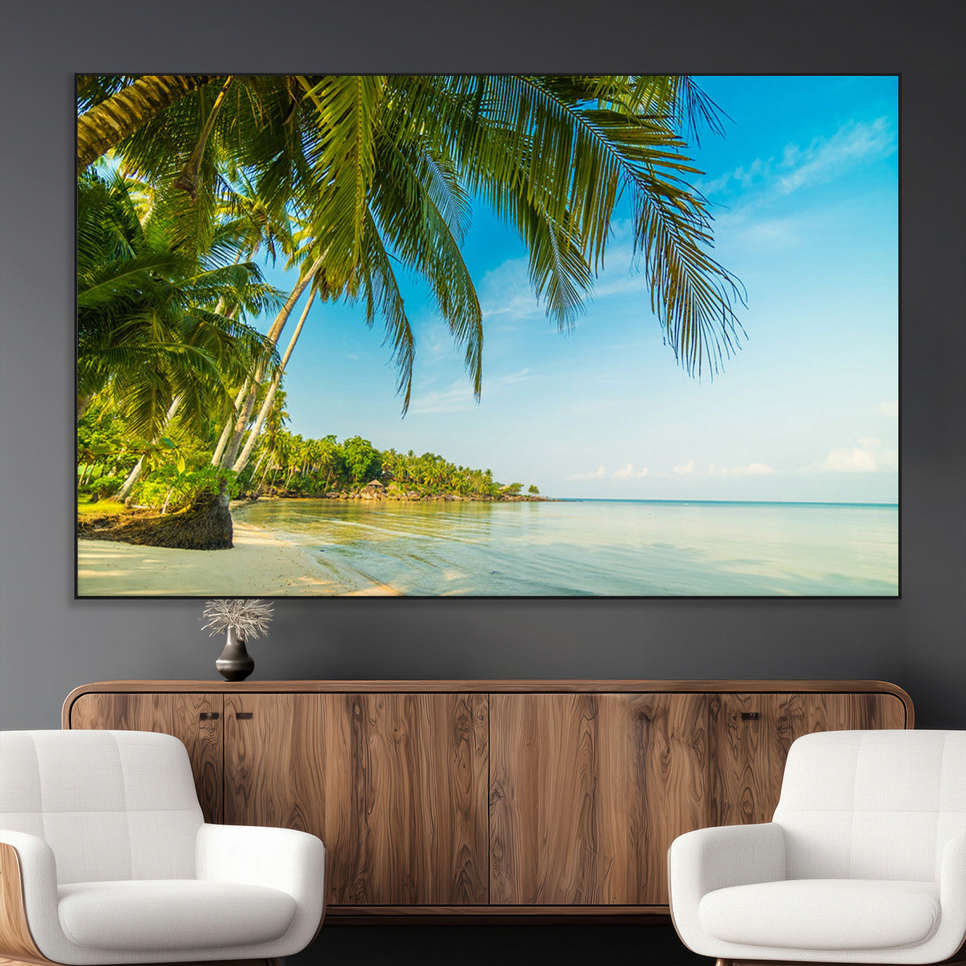 -Peaceful Tropical Beach Wall Art Canvas Print – Palm Trees and Calm Blue Sea Serene Coastal Artwork for Home, Office