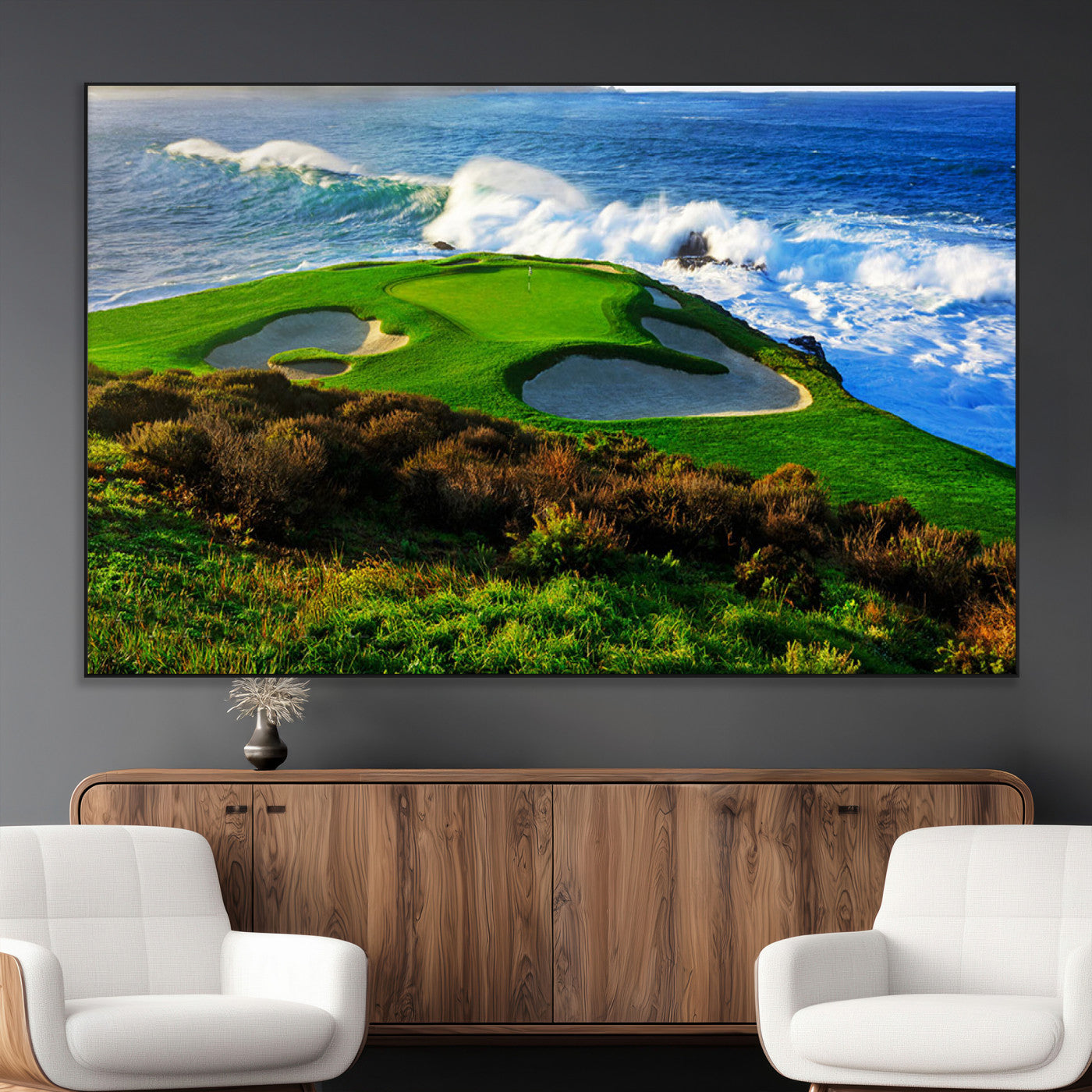 34181847-MGV-CV-36X24-Coastal Golf Course Wall Art Canvas Print – Vibrant Green with Sand Bunkers Overlooking Ocean Waves Artwork for Home, Office