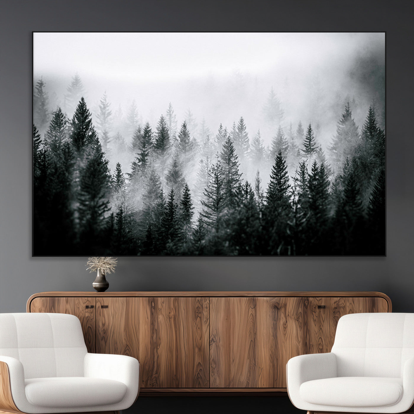SEG-FC-51X34_Oversize - Foggy Pine Forest Canvas Wall Art – Black and White Nature Landscape Print, Horizontal Canvas for