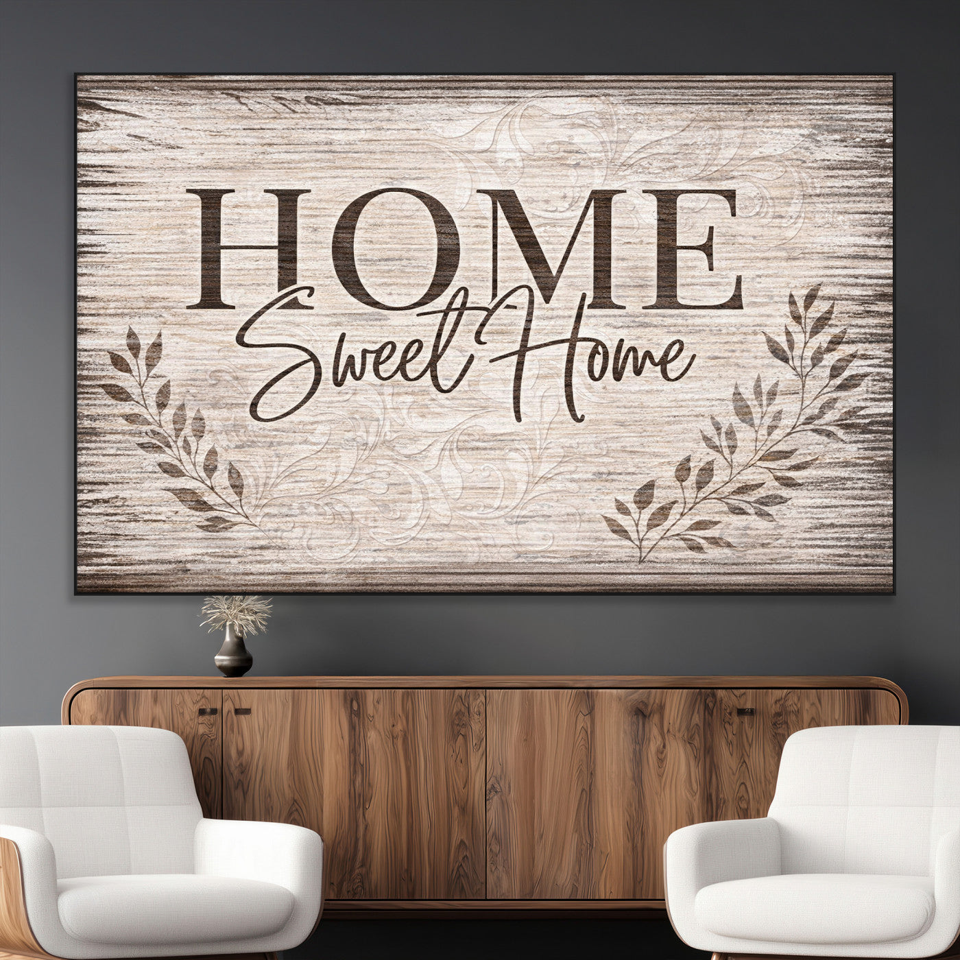 81157008S-MGV-CV-36X24 - Home Sweet Home Wall Art Canvas Print, Floral Farmhouse Sign, Rustic Neutral Entryway Bedroom Living Room Decor