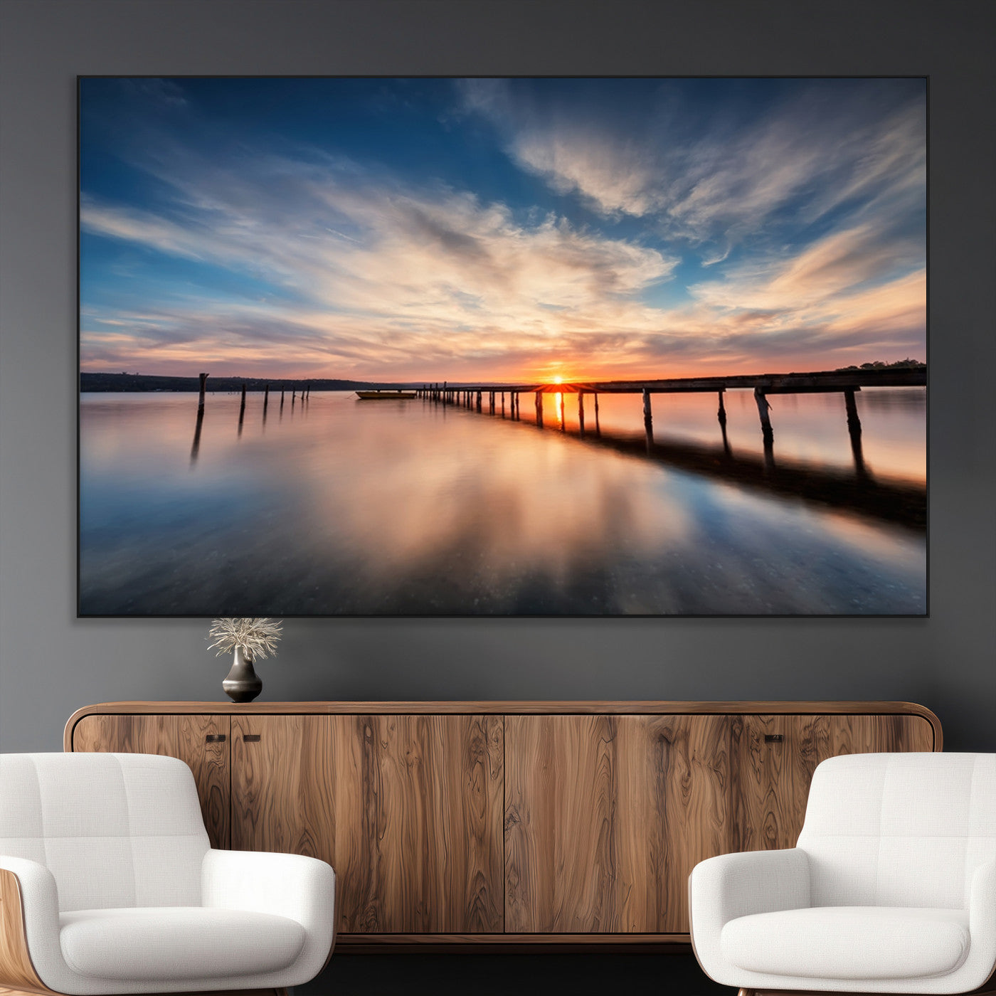 39967-MGV-CV-36X24-Wooden Pier on Seascape and Sunset Wall Art Canvas Print