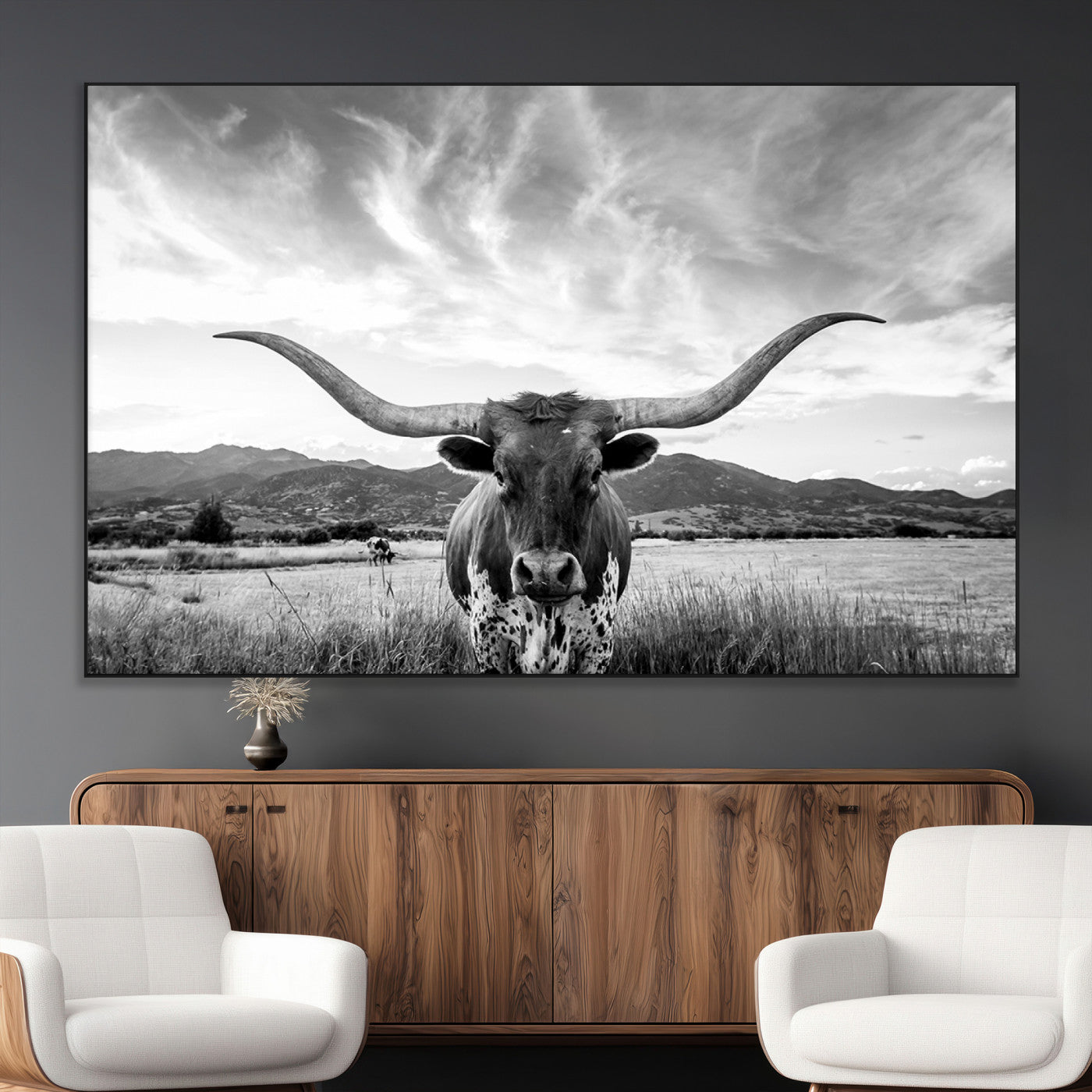 79527-MGV-CV-36X24-Longhorn Black and White Wall Art – Rustic Western Bull Canvas Print, Farmhouse Country Decor for Living Room, Office or Ranch, Cowboy Wall Artwork