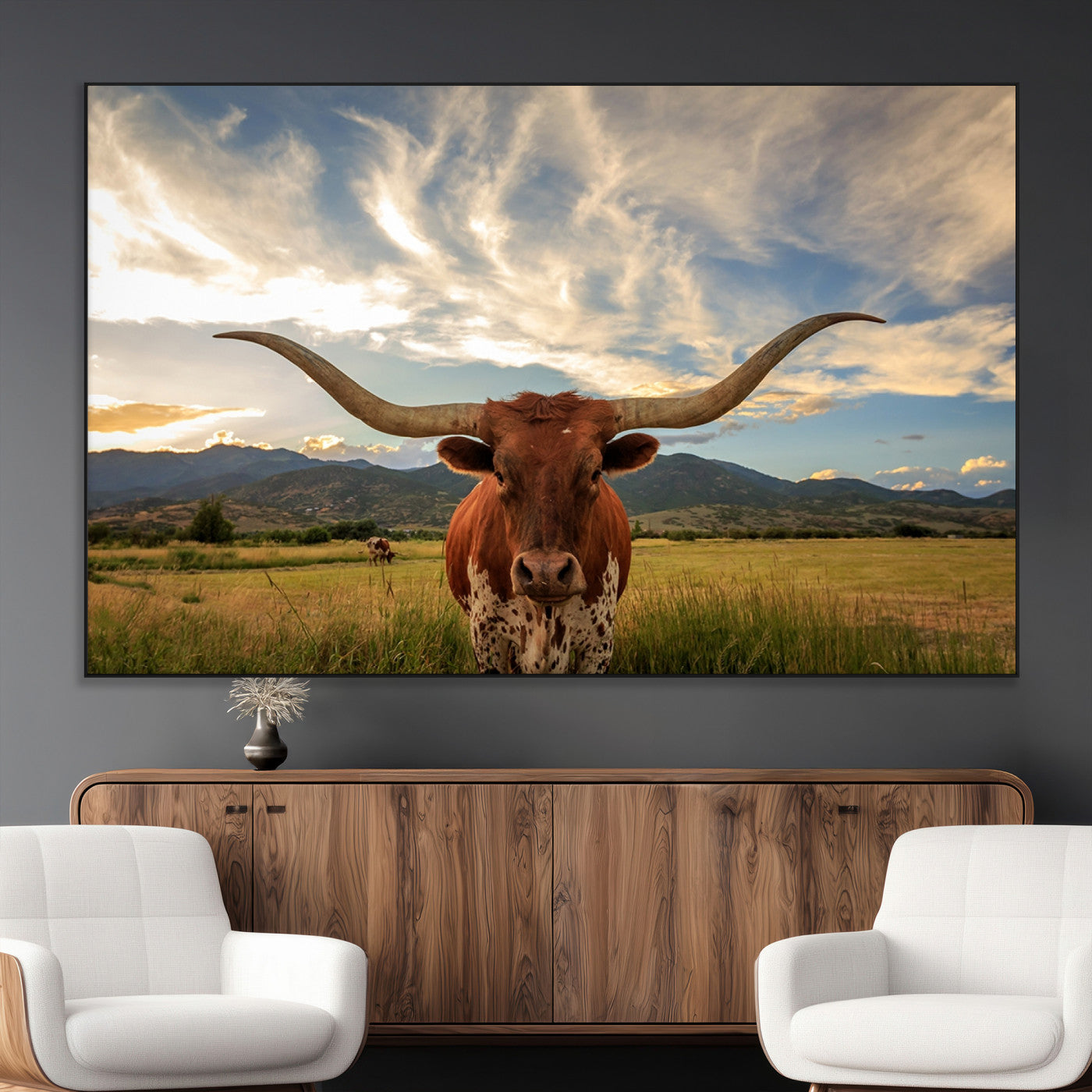 55416-MGV-CV-36X24-Texas Longhorn Canvas Wall Art – Majestic Triptych Animal Print – Rustic Western Decor for Living