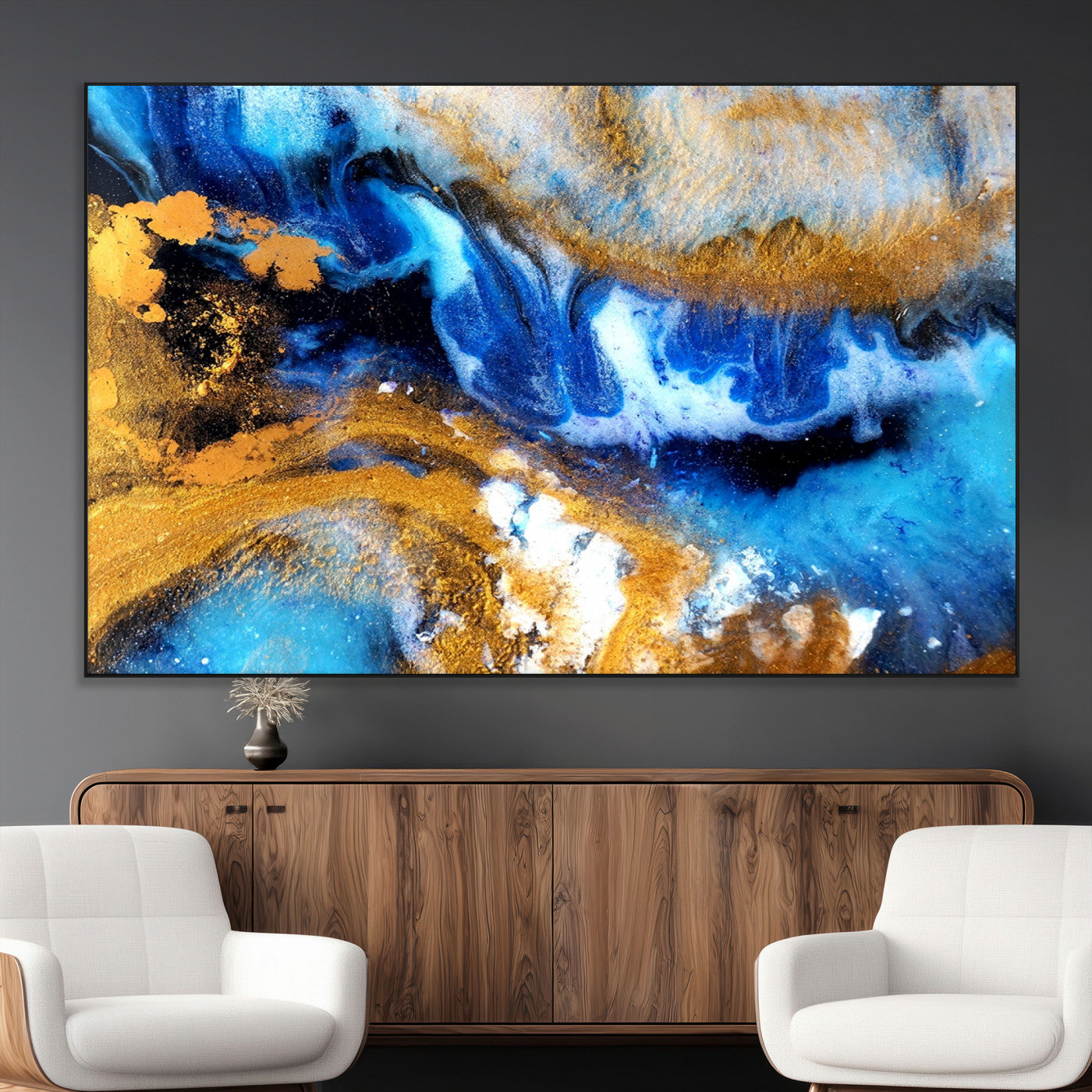 42100-MGV-CV-36X24-Blue Orange Marble Fluid Effect Canvas Wall Art Print