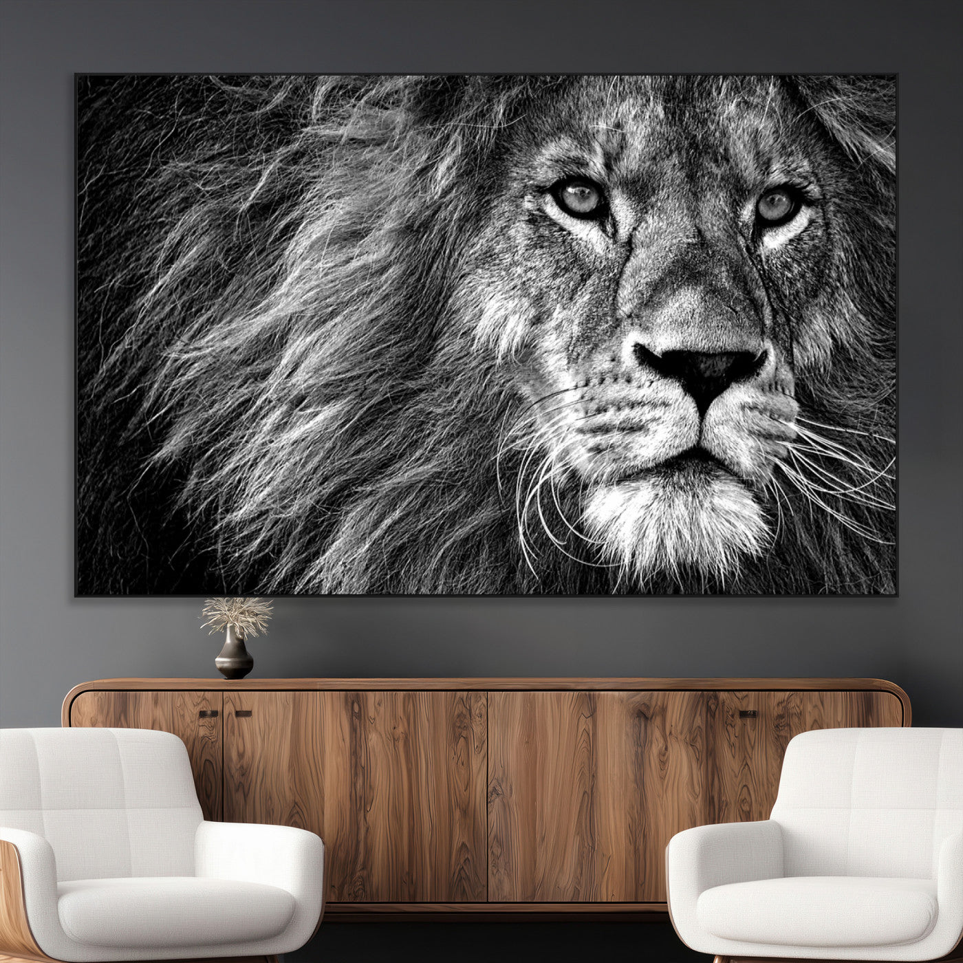 -Black and White Lion Canvas Wall Art Print – Wildlife Portrait Artwork for Home, Office, Living Room, Guest Room