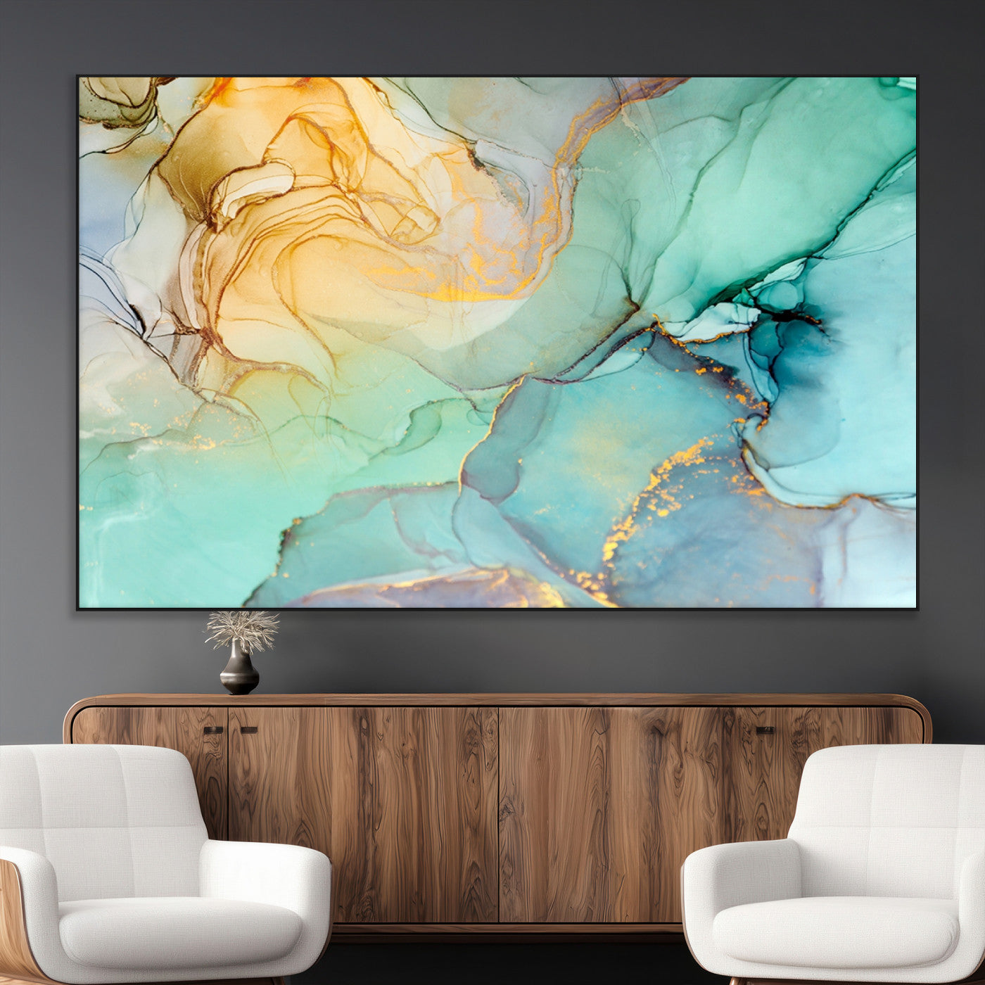 84233-MGV-CV-36X24-Abstract Aqua and Gold Fluid Wall Art Canvas | 3 Panel Large Canvas Print for Living Room, Office,