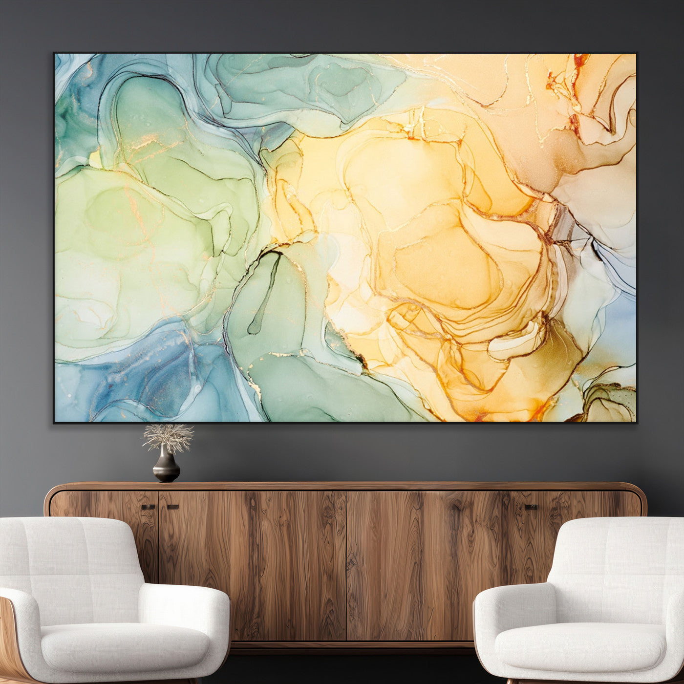 42195-MGV-CV-36X24-Green and Yellow Marble Fluid Effect Wall Art, Green and Yellow Marble Canvas Wall Art Print