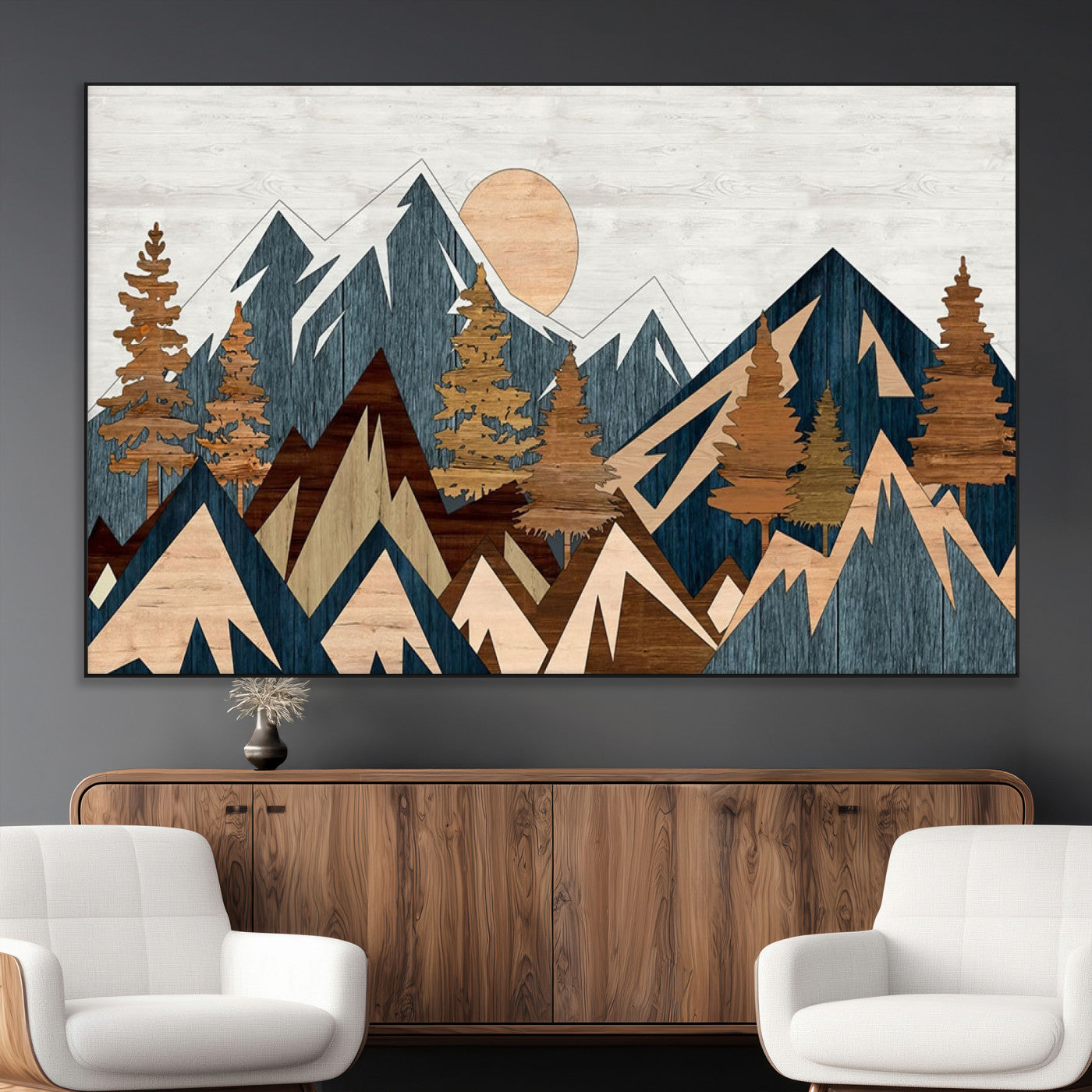 91467-MGV-CV-36X24-Abstract Wood Panel Effect Mountain Range Top Wall Art Canvas Print