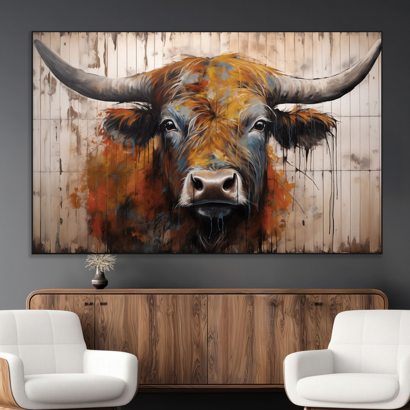 47284-MGV-CV-36X24-Scottish Highland Cow Cattle Art Print on Wood Style Background