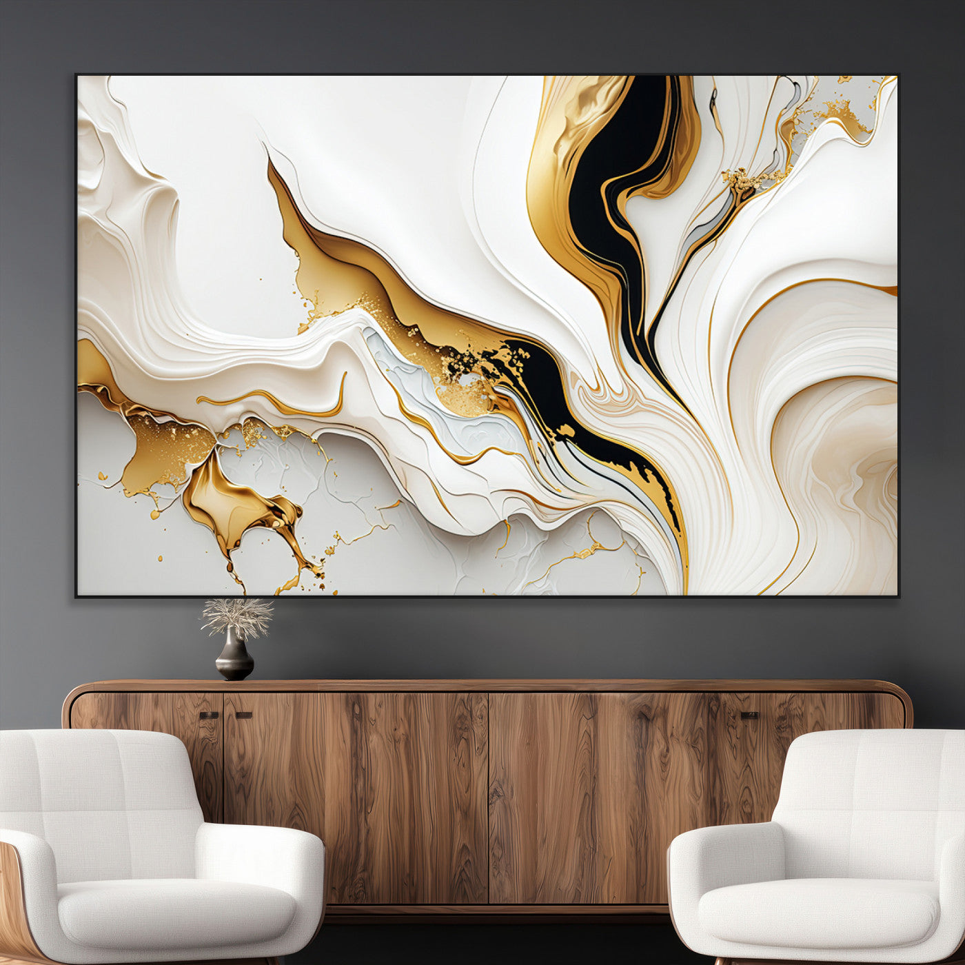98637-MGV-CV-36X24-Gold Waves on Pure White Canvas – Gold Abstract Art for Modern Interiors | Wall Art Canvas, Framed &
