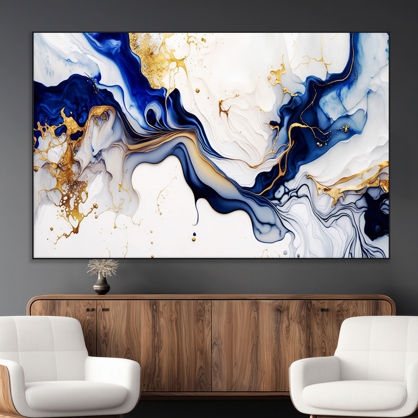 93392-MGV-CV-36X24-Golden Cascades on Midnight Blue – Deep Blue Abstract Wall Art Flowing Elegance | Wall Art Canvas,