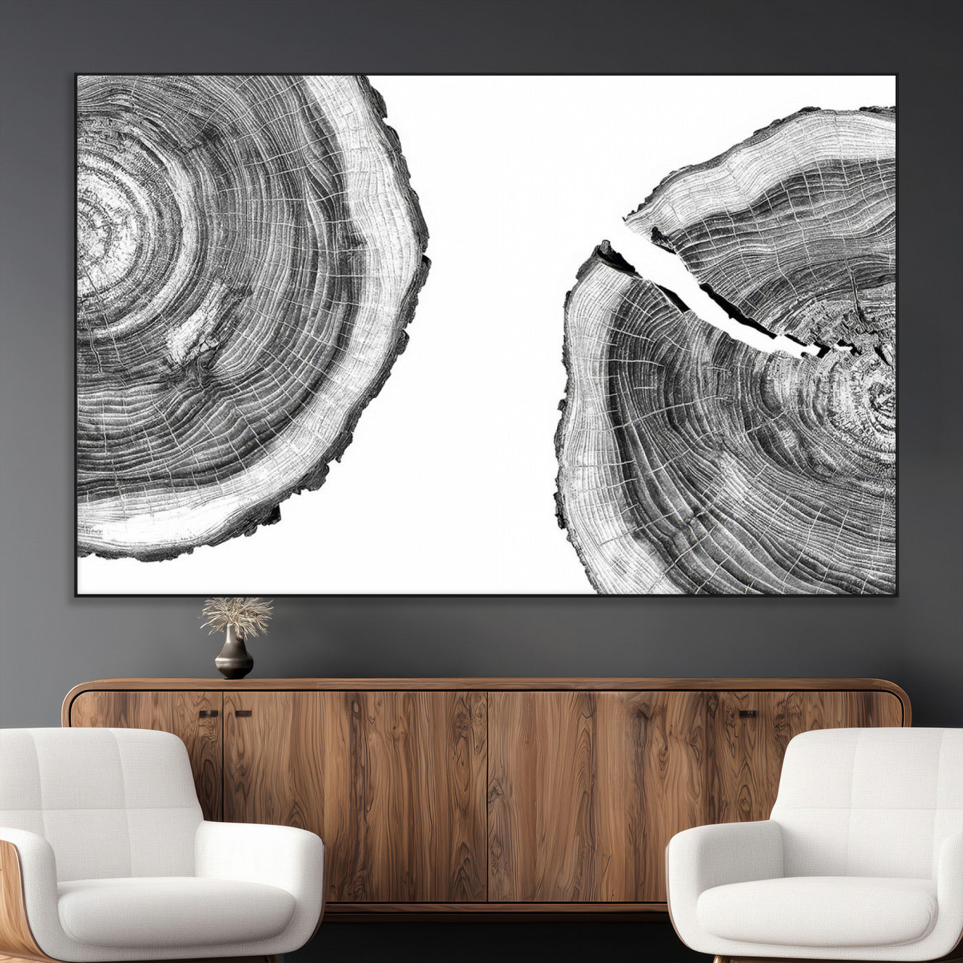 52770-MGV-CV-36X24-Abstract Large Tree Rings – Minimalist Black and White Wood Art | Triptych Canvas, Modern Wall Decor